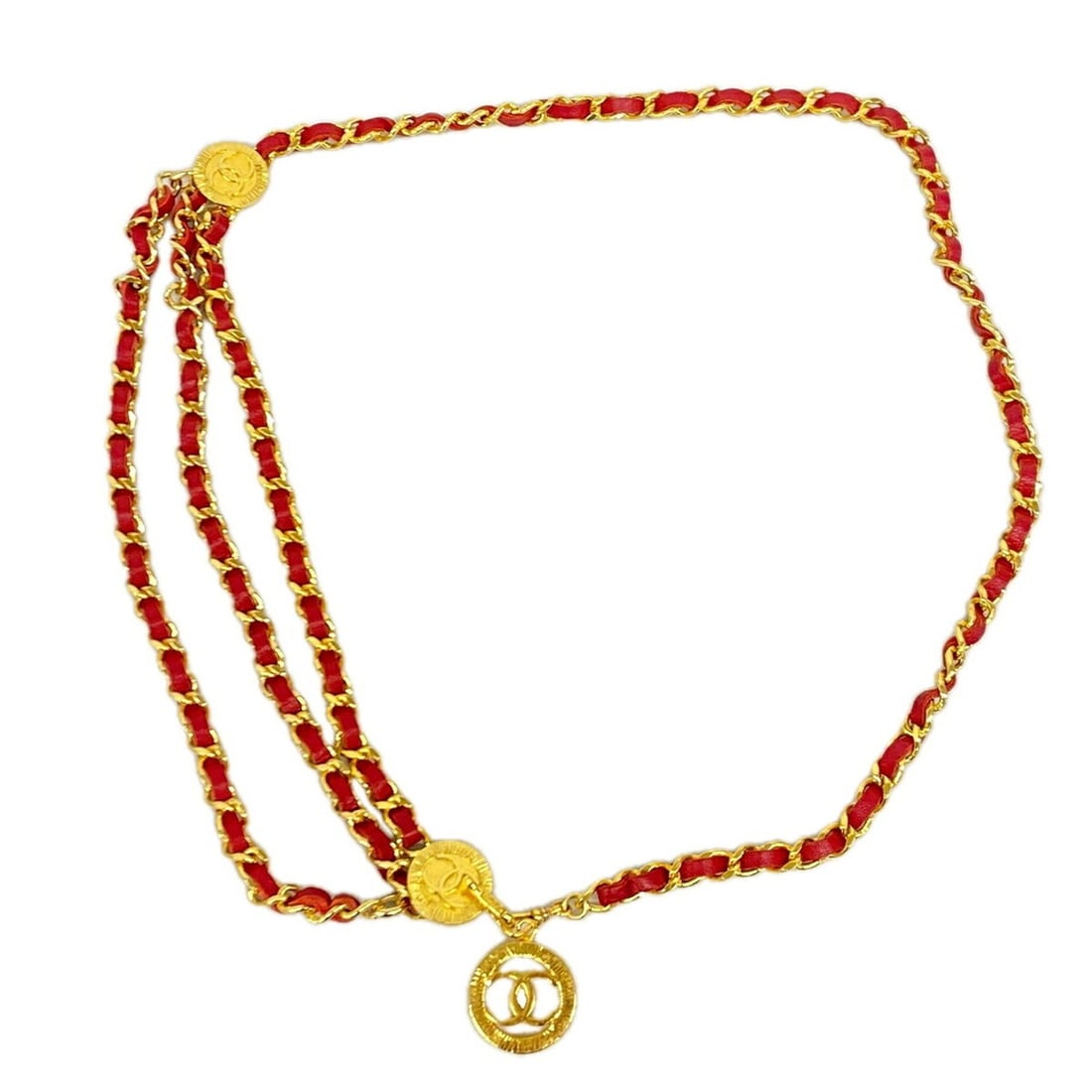 Chanel Metal Belt, Gold and Red, Women's: --- Catalog ---Category: SizeLength: 94.5cm / 37.2''Category: DesignType: Chain beltColor: Gold, Red colorGender: WomenMaterial (Strap): Metal Category: GeneralBrand: Chanel--- Item List ---Section: C