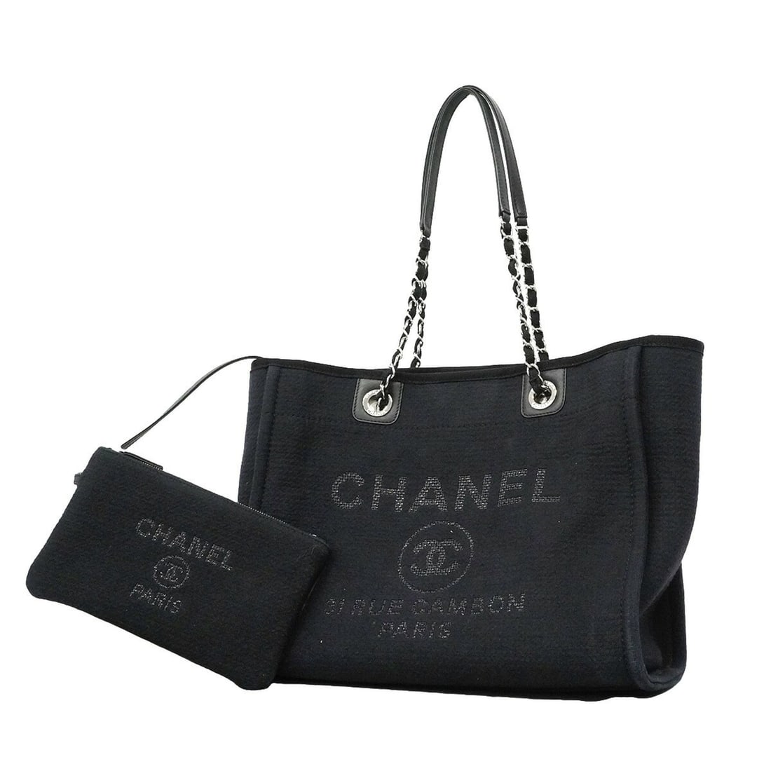 Chanel Deauville Canvas Chain Tote Bag, Black, Women's P3488697: --- Catalog ---Category: SizeSize (HxWxD): 27cm x 34.5cm x 15cm / 10.62'' x 13.58'' x 5.9''Category: DesignType: Tote bagColor: BlackGender: WomenMaterial: Canvas Hardware Color: SilverCategory: Gener