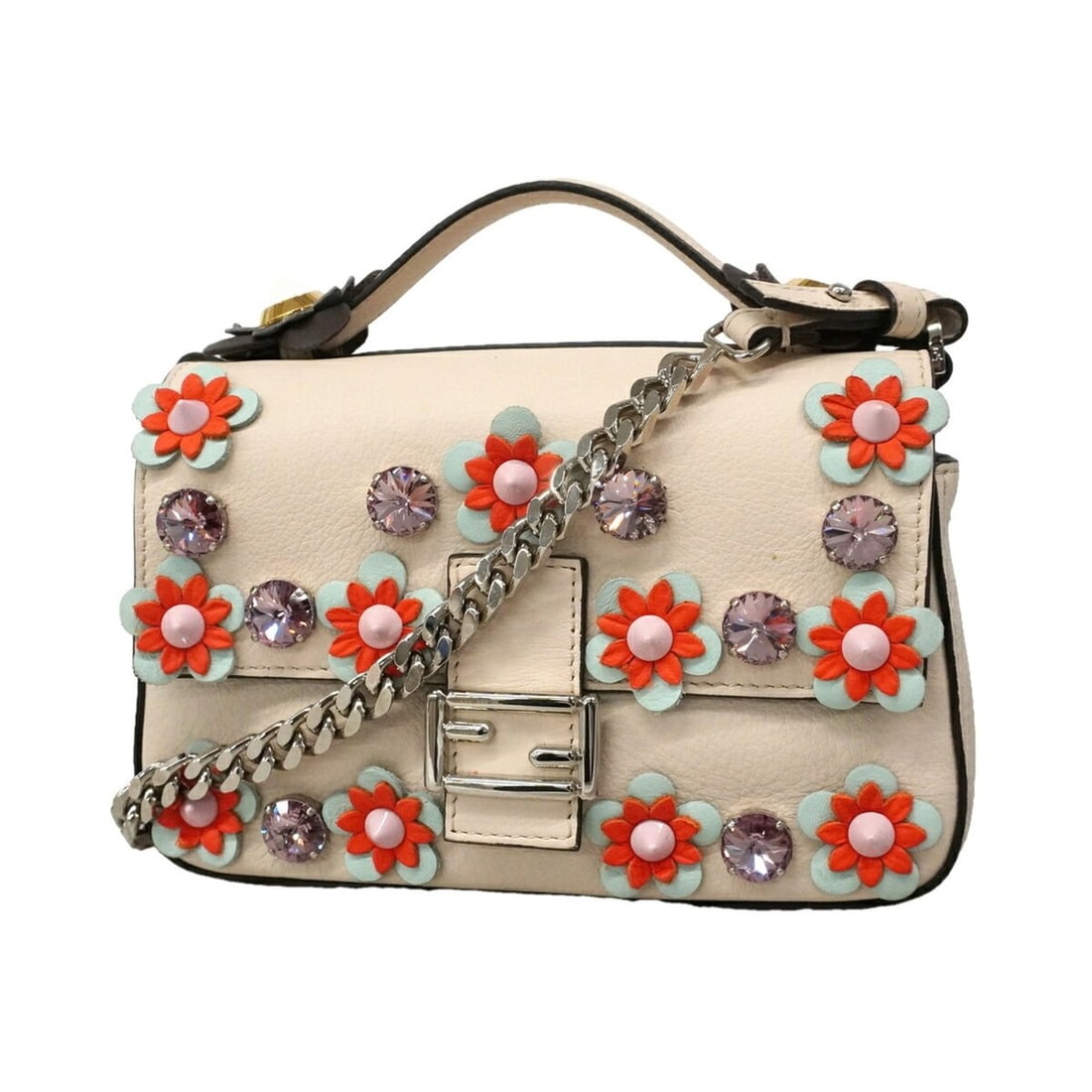 Fendi handbag, appliquéd leather, ivory/gray, 2-way bag for women, OP020985: --- Catalog ---Category: SizeSize (HxWxD): 11cm x 17cm x 6cm / 4.33'' x 6.69'' x 2.36''Category: DesignType: HandbagColor: Gray, IvoryGender: WomenMaterial: Leather Hardware Color: SilverCategory: Gen