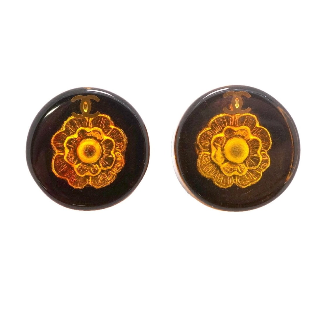 Chanel earrings, Coco Mark, Camellia, Circle, GP plated, Gold, Black, Women's.: --- Catalog ---Category: SizeSize (HxWxD): 16.10mm x 16.10mm / 0.63'' x 0.63''Category: DesignType: Stud earringsColor: Black, GoldGender: WomenMaterial: Gold platingCategory: GeneralBrand: Chanel--- 