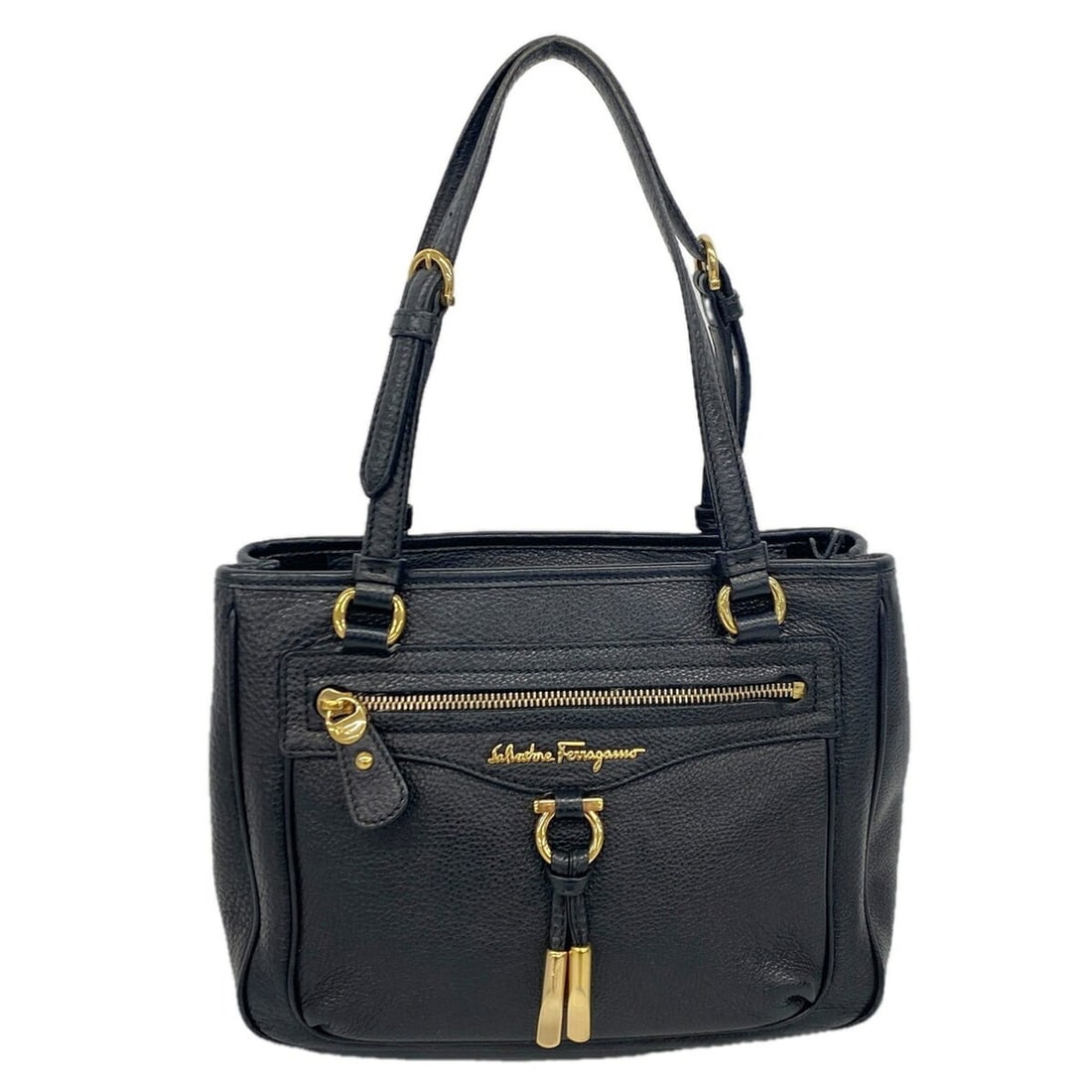 Salvatore Ferragamo Gancini Leather Handbag, Black, Women's: --- Catalog ---Category: SizeSize (HxWxD): 21cm x 26cm x 11cm / 8.26'' x 10.23'' x 4.33''Category: DesignType: HandbagColor: BlackGender: WomenMaterial: Leather Hardware Color: GoldCategory: GeneralBr
