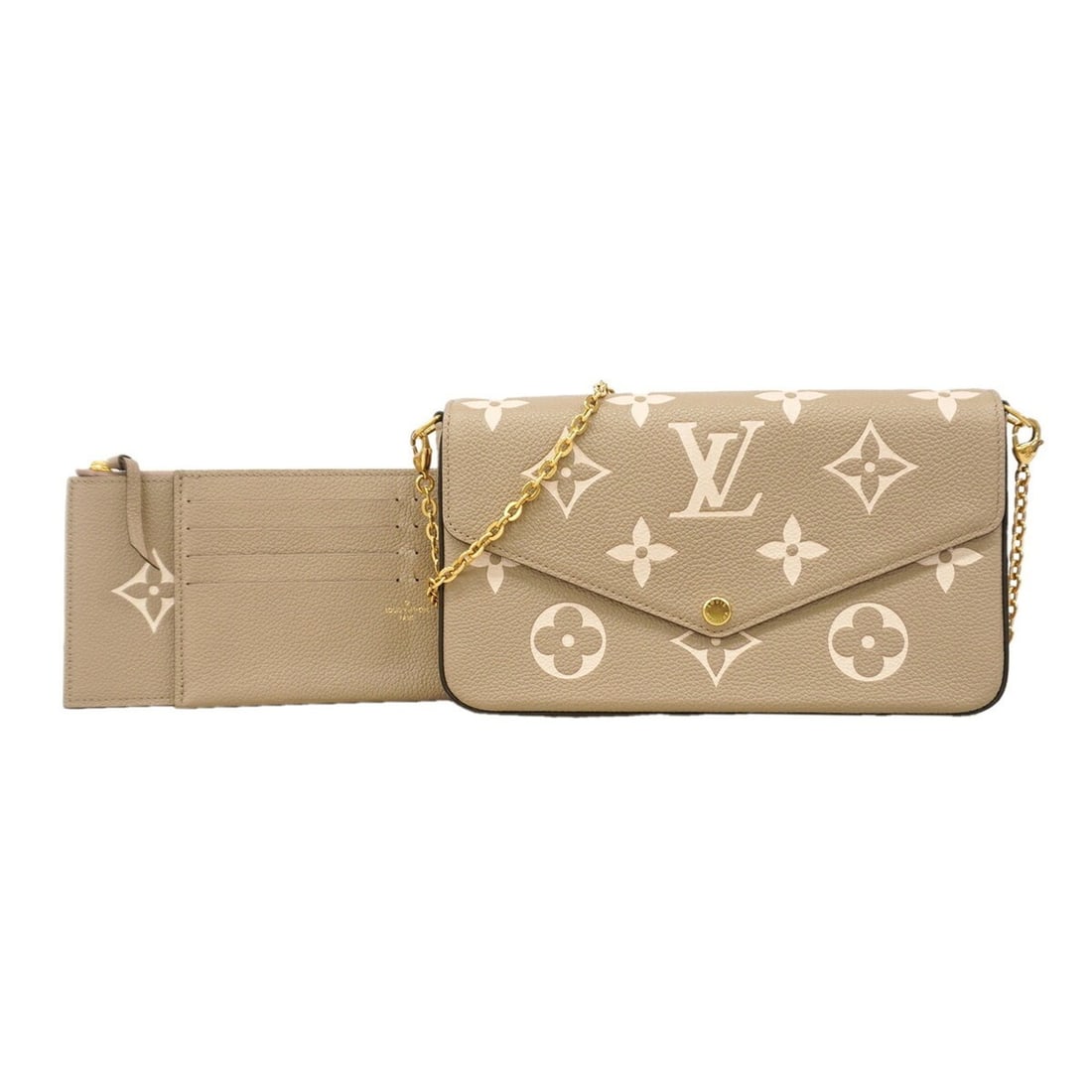 Louis Vuitton Wallet/Shoulder Wallet Monogram Empreinte Bicolor Pochette Felicie M69977 Tourtrere: --- Catalog ---Category: SizeSize (HxWxD): 12.5cm x 21cm x 3cm / 4.92'' x 8.26'' x 1.18''Category: DesignType: Chain/Shoulder walletColor: Cream, TourterelleGender: WomenCategory: GeneralMPN: M69977Br