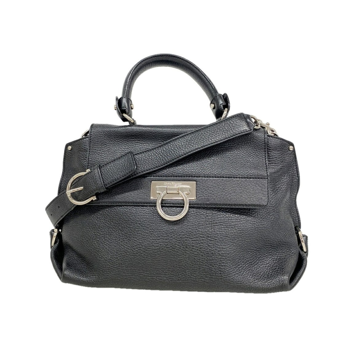 Salvatore Ferragamo Gancini Leather Handbag, Black, 2-way Bag for Women: --- Catalog ---Category: SizeSize (HxWxD): 23cm x 29cm x 16cm / 9.05'' x 11.41'' x 6.29''Category: DesignType: HandbagColor: BlackGender: WomenMaterial: Leather Hardware Color: SilverCategory: General