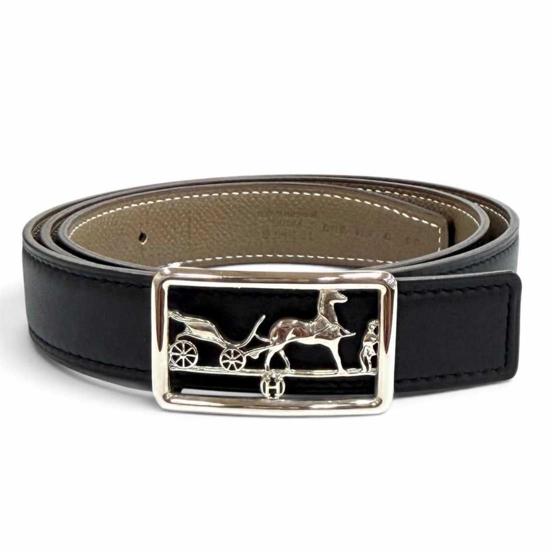 HERMES Swift Veau Epsom Black Etoupe Reversible Belt with Silver Hardware and Logo, D Stamp, Made in (1 of 20)