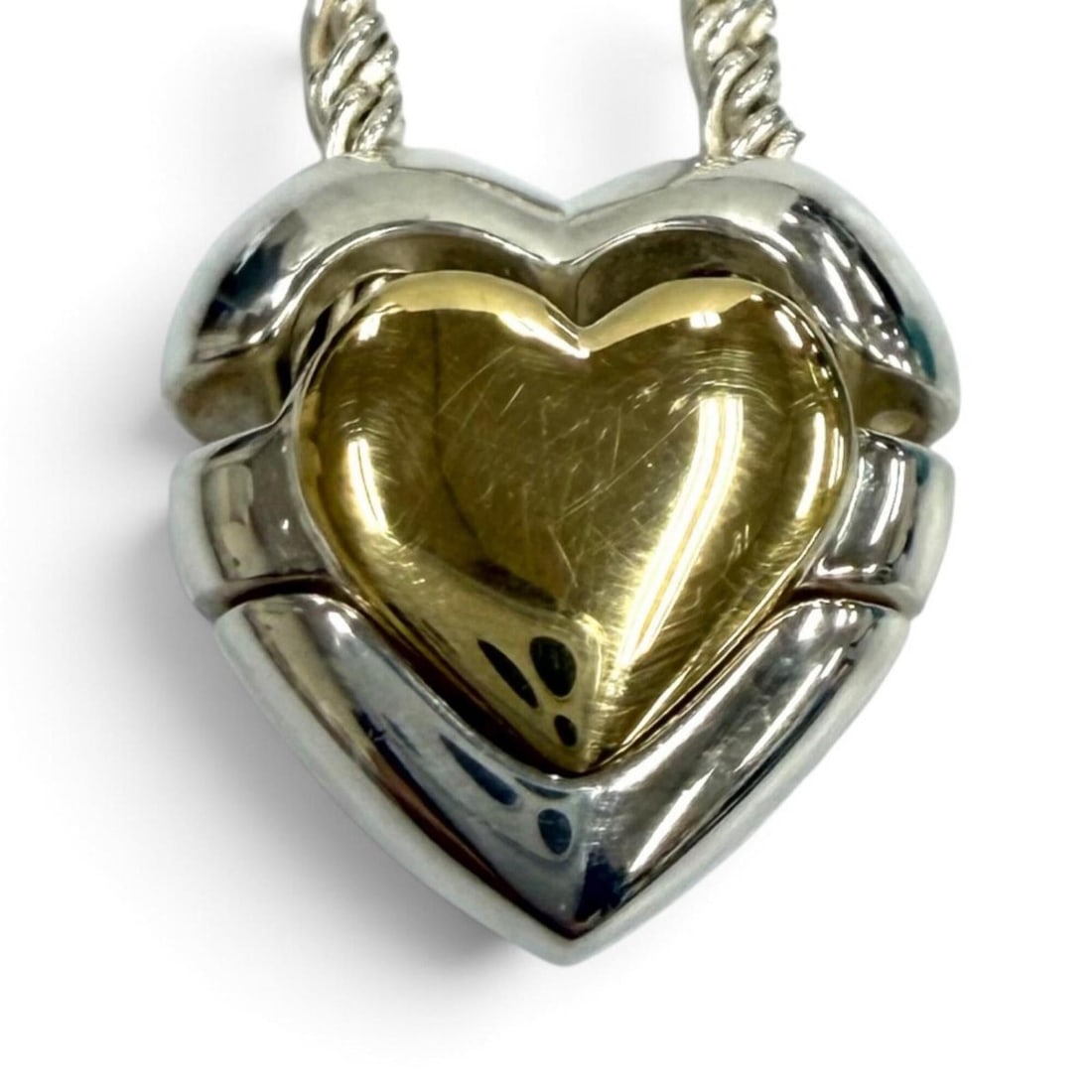 TIFFANY&Co. Tiffany & Co. 925 750 Combination Puzzle Heart Necklace Pendant Choker, Silver and Gold,: --- Catalog ---Category: SizePendant Size: 20mm x 18mm / 0.78'' x 0.7''Neck Circumference: 41.5 cm / 16.33''Category: DesignGender: WomenMaterial: Gold (18K), Silver 925Pendant Type: PendantNecklace T