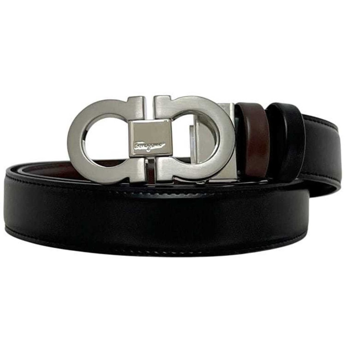 Salvatore Ferragamo Reversible Belt, Waist 112cm, Gancini Design, Leather, Black/Brown, Men's: --- Catalog ---Category: SizeLength: 102cm - 112cm / 40.15'' - 44.09''Category: DesignType: Standard beltColor: Black, BrownGender: MenMaterial (Strap): Leather Category: GeneralBrand: Salvatore Ferra