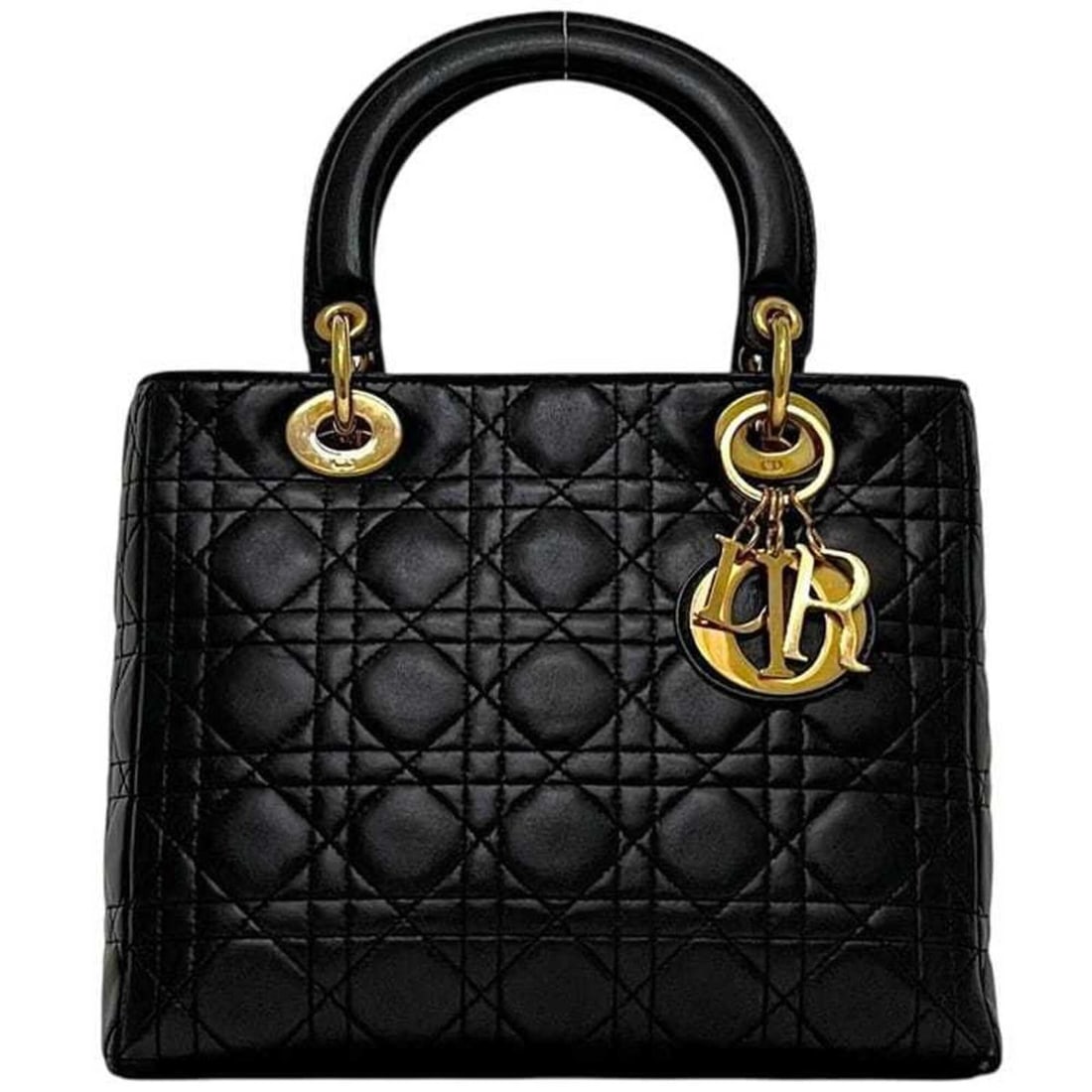Christian Dior Lady Medium Handbag, Cannage Design, Lambskin, Black, Women's: --- Catalog ---Category: SizeSize (HxWxD): 20cm x 25cm x 12cm / 7.87'' x 9.84'' x 4.72''Category: DesignType: HandbagColor: BlackGender: WomenMaterial: Leather Leather/Fur Type: LambskinCategory: Gene