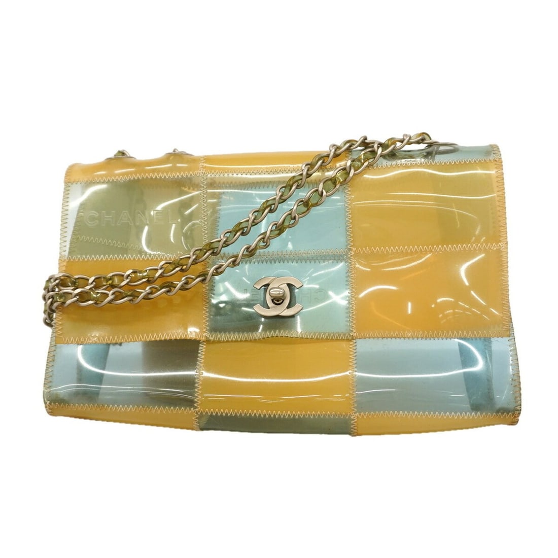 Chanel Shoulder Bag, Chocolate Bar Design, Chain Shoulder, Vinyl, Beige/Clear Blue, Women's: --- Catalog ---Category: SizeSize (HxWxD): 15.5cm x 24.5cm x 6cm / 6.1'' x 9.64'' x 2.36''Category: DesignType: Shoulder bagColor: BeigeGender: WomenMaterial: Vinyl Hardware Color: SilverCategory: Gen