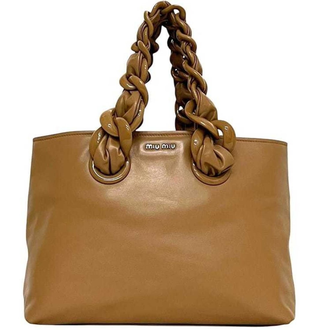 Miu Miu Miu Tote Bag 5BG019 246 MIUMIU Leather Brown Women's Plastic Chain: --- Catalog ---Category: SizeSize (HxWxD): 22cm x 35cm x 15cm / 8.66'' x 13.77'' x 5.9''Category: DesignType: Tote bagColor: BrownGender: WomenMaterial: Leather Category: GeneralMPN: 5BG019Brand: Miu 