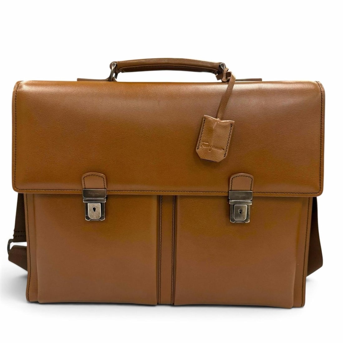 Salvatore Ferragamo Leather 2-Way Business Bag Briefcase with Key and Padded Pocket, Brown, Made in (1 of 12)