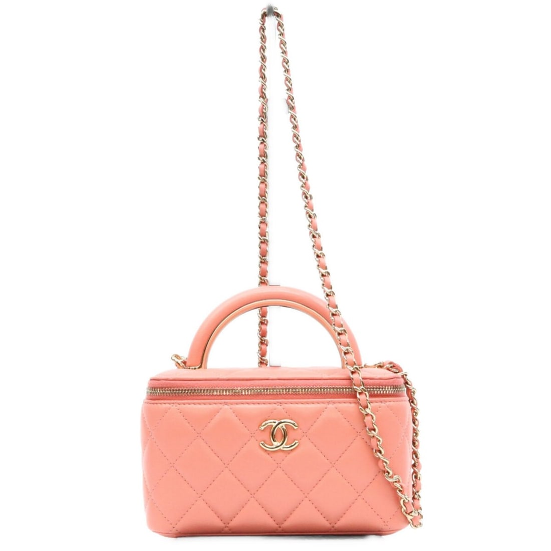 CHANEL AP2199 Pink Lambskin Top Handle Vanity Shoulder Bag with Gold Hardware (Women's): --- Catalog ---Category: SizeSize (HxWxD): 10cm x 16cm x 8cm / 3.93'' x 6.29'' x 3.14''Category: DesignType: Shoulder bagColor: PinkGender: WomenMaterial: Leather Hardware Color: GoldLeather/Fur Type: