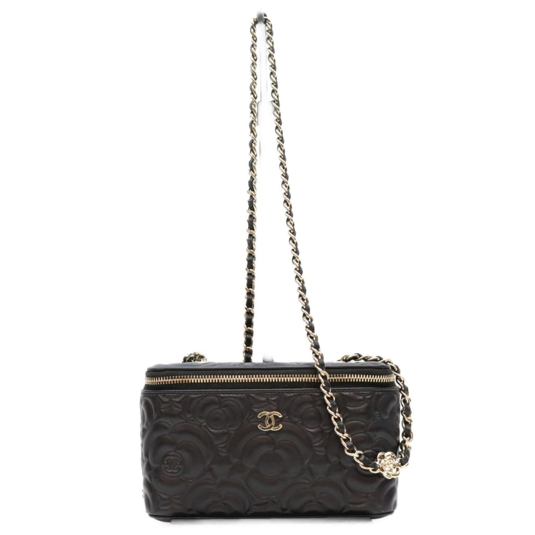 CHANEL AP2089 Black Camellia Embossed Leather Chain Vanity Shoulder Bag (No. 31) - Women's: --- Catalog ---Category: SizeSize (HxWxD): 9.5cm x 16cm x 8cm / 3.74'' x 6.29'' x 3.14''Category: DesignType: Shoulder bagColor: BlackGender: WomenMaterial: Leather Hardware Color: GoldCategory: Gener