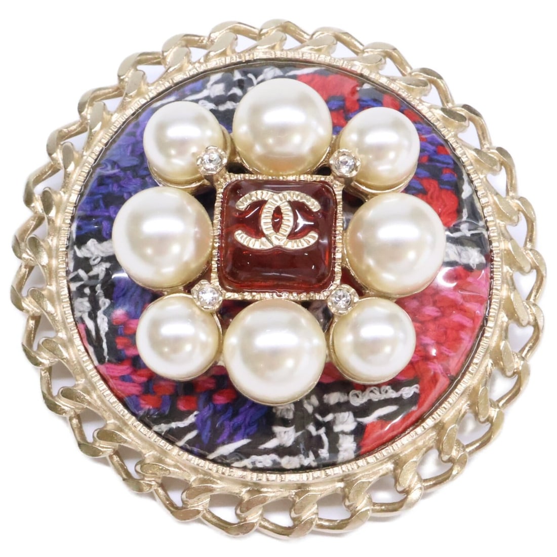 CHANEL A15S Gripoix Pearl Tweed Coco Mark Round Brooch Champagne Gold Women's: --- Catalog ---Category: DesignType: BroochColor: Champagne goldGender: WomenMaterial: Gold platingCategory: GeneralBrand: Chanel--- Item List ---Section: ConditionRanking: Rank A Used - A few traces 
