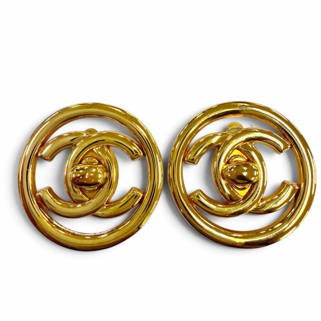 CHANEL Vintage 97P Metal Coco Mark Round Earrings, Gold, Made in France, Women's, with Box. (1 of 12)