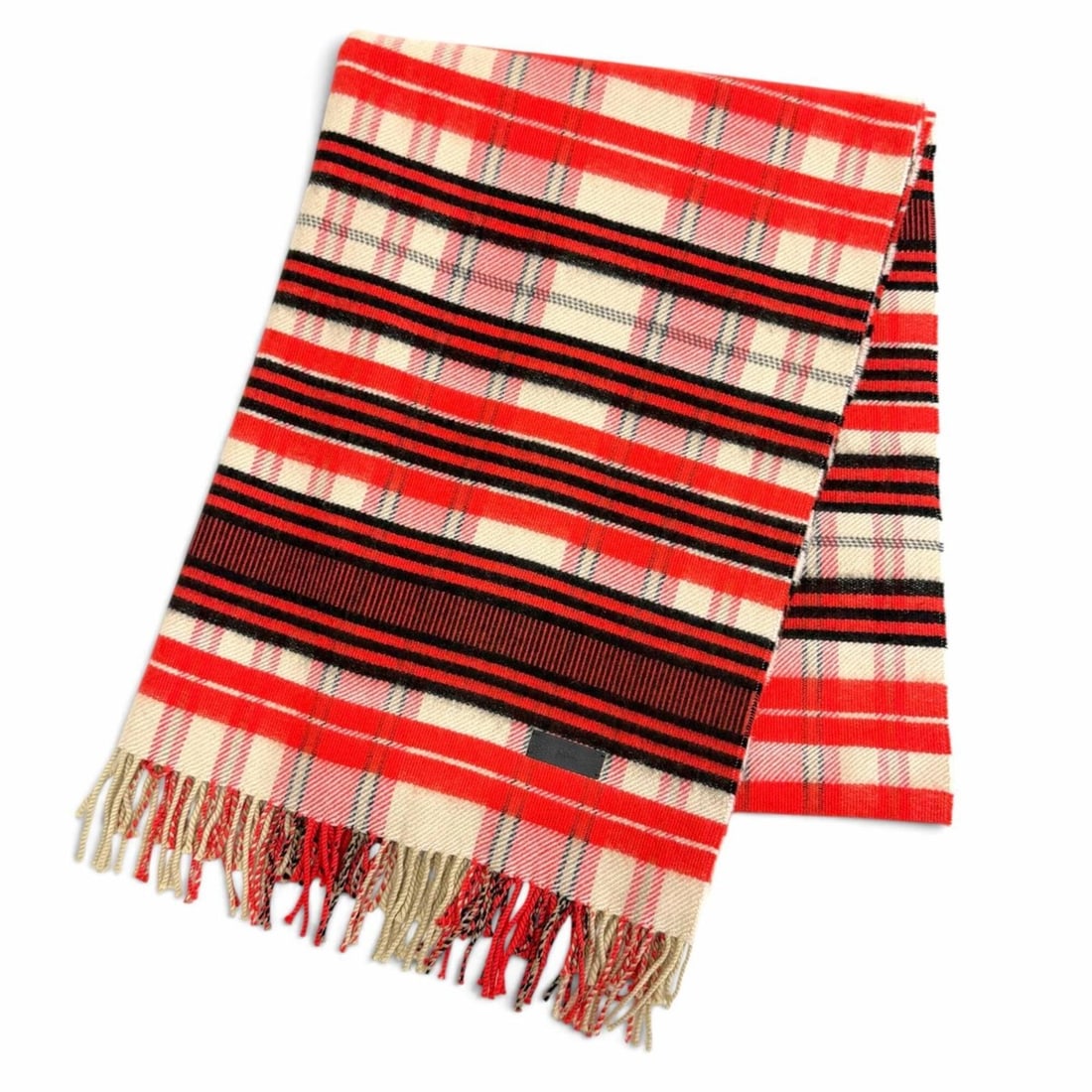 HERMES 100% Cashmere Shawl Blanket with Logo Leather Patch, Check Pattern, Fringe, Large Size, Red,: --- Catalog ---Category: SizeSize (LxW): 2.02m x 77cm / 79.52'' x 30.31''Category: DesignType: ShawlColor: Red colorGender: WomenMaterial: Cashmere , Leather Category: GeneralBrand: HermesCountry of O