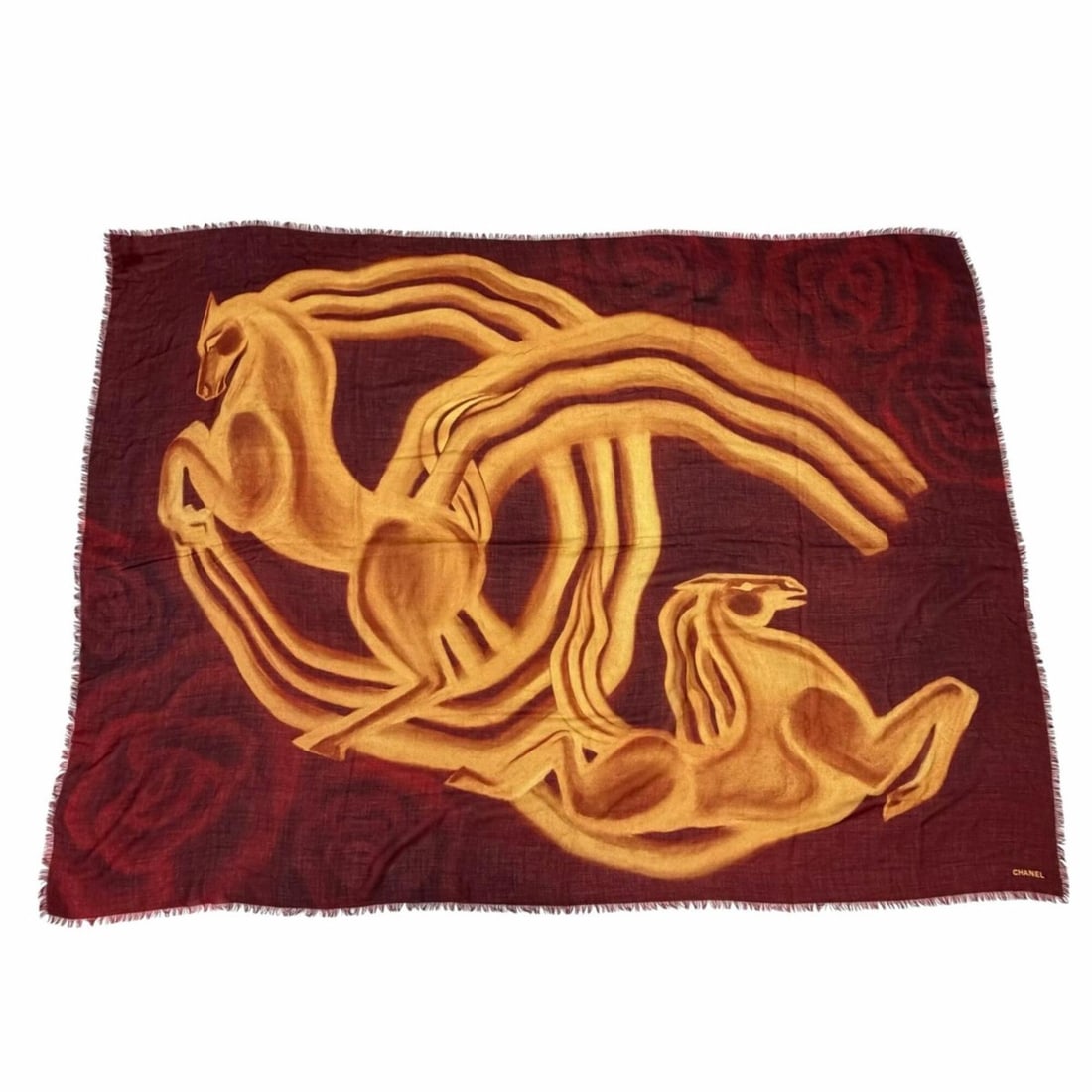 CHANEL 26AW 100% Cashmere 136 x 184cm Logo & Horse Pattern Large Shawl Stole/Scarf/Muffler Bordeaux: --- Catalog ---Category: SizeSize (LxW): 1.36m x 1.84m / 53.54'' x 72.44''Category: DesignType: ShawlColor: BordeauxGender: WomenMaterial: Cashmere Category: GeneralBrand: ChanelCountry of Origin: Ita