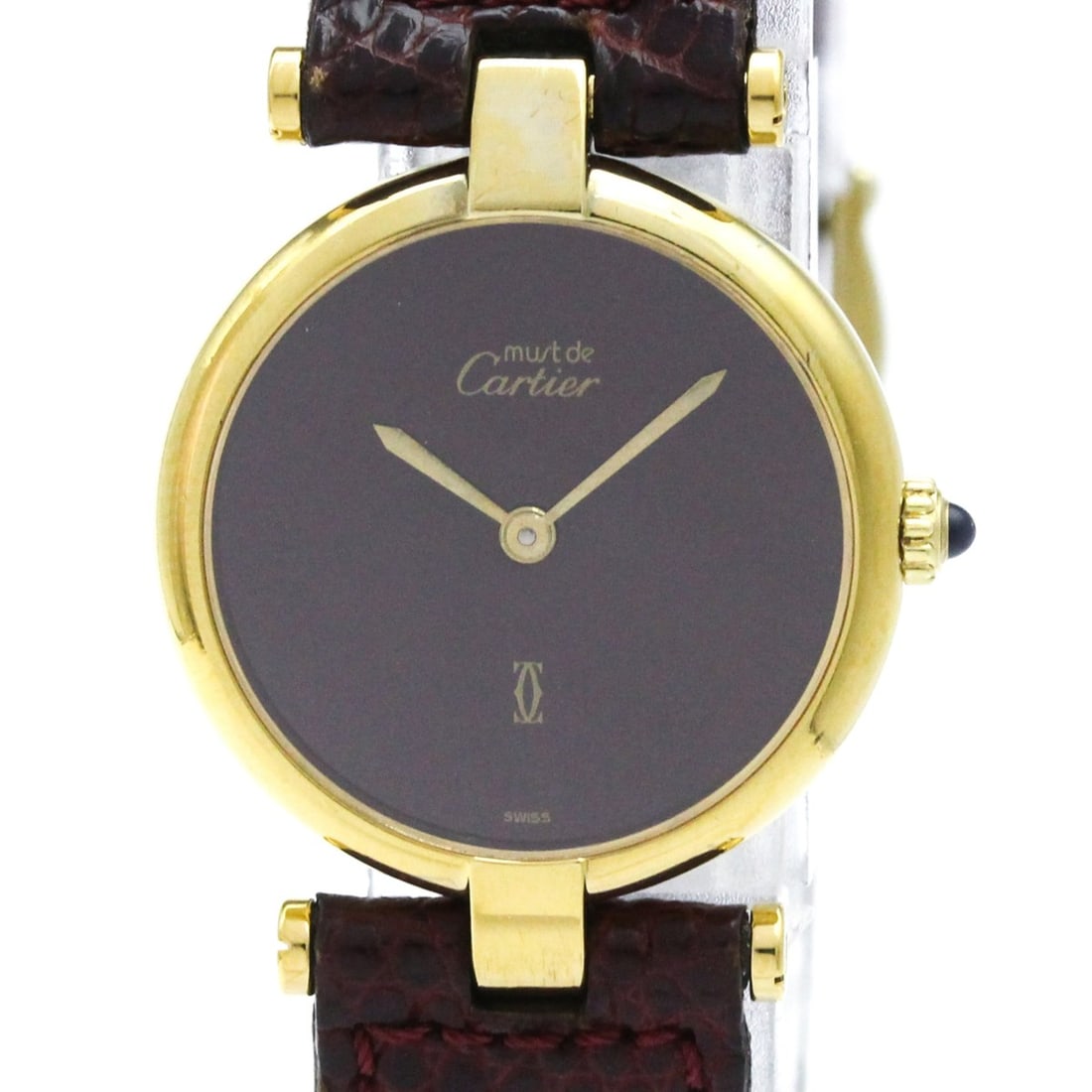 CARTIER Must Colisee Vermeil Gold Plated Ladies Watch 590002: --- Catalog ---Category: SizeCase Diameter: 24mm / 0.94''Category: DesignType: WristwatchStyle: Dress/FormalGender: WomenColor (Dial): BordeauxMaterial (Band): LeatherMaterial (Case): Gold platedCateg