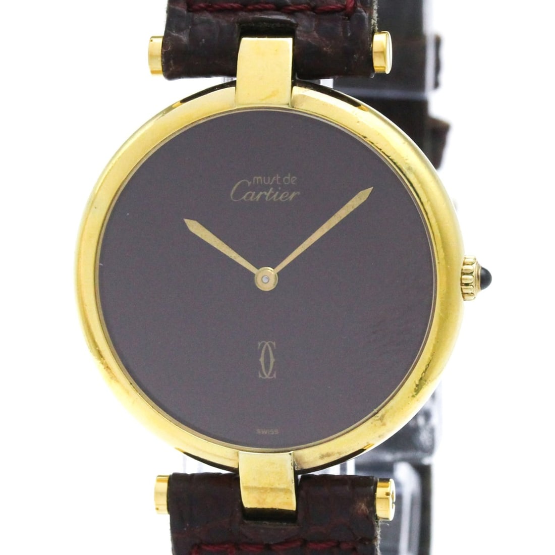 CARTIER Must Vendome Gold Plated Leather Quartz Unisex Watch 590003: --- Catalog ---Category: SizeCase Diameter: 30mm / 1.18''Category: DesignType: WristwatchStyle: Dress/FormalGender: UnisexColor (Dial): BordeauxMaterial (Band): LeatherMaterial (Case): Gold platedCate