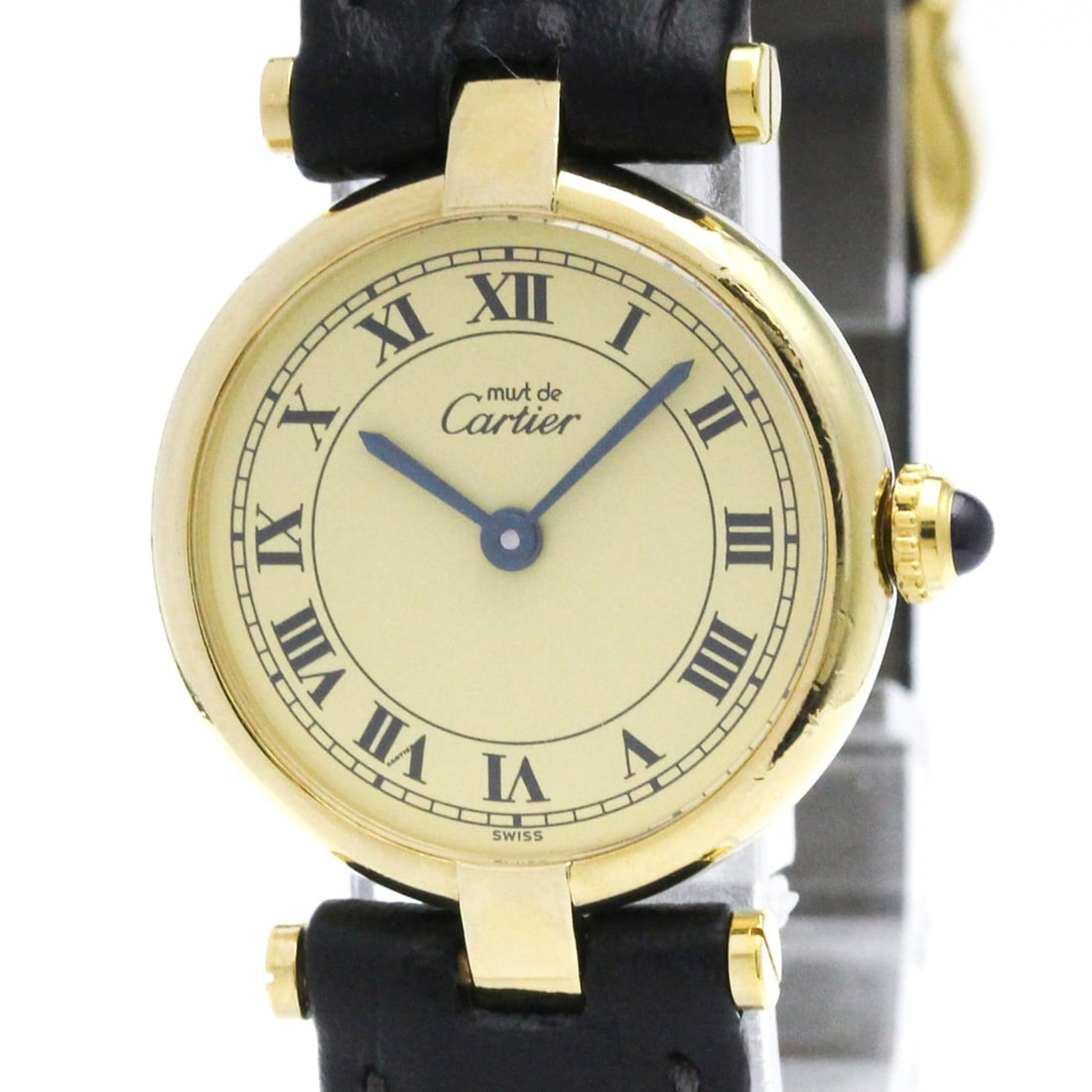 CARTIER Must Vendome Vermeil Gold Plated Quartz Ladies Watch W1002253: --- Catalog ---Category: SizeCase Diameter: 24mm / 0.94''Category: DesignType: WristwatchStyle: Dress/FormalGender: WomenColor (Dial): IvoryMaterial (Band): LeatherMaterial (Case): Gold platedCategory