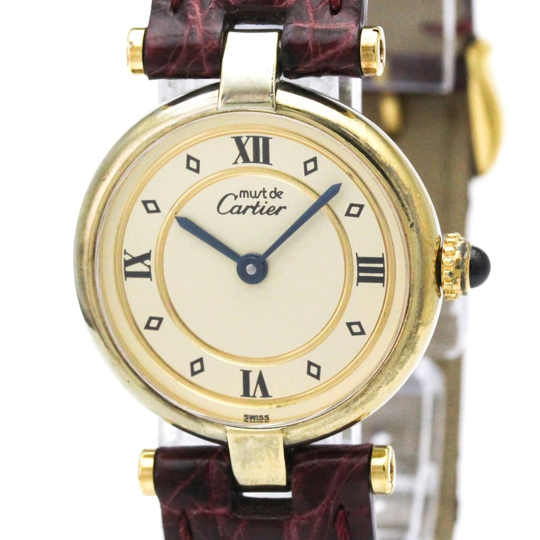 CARTIER Must Vendome Vermeil Gold Plated Quartz Ladies Watch 590004: --- Catalog ---Category: SizeCase Diameter: 24mm / 0.94''Category: DesignType: WristwatchStyle: Dress/FormalGender: WomenColor (Dial): IvoryMaterial (Band): LeatherMaterial (Case): Gold platedCategory