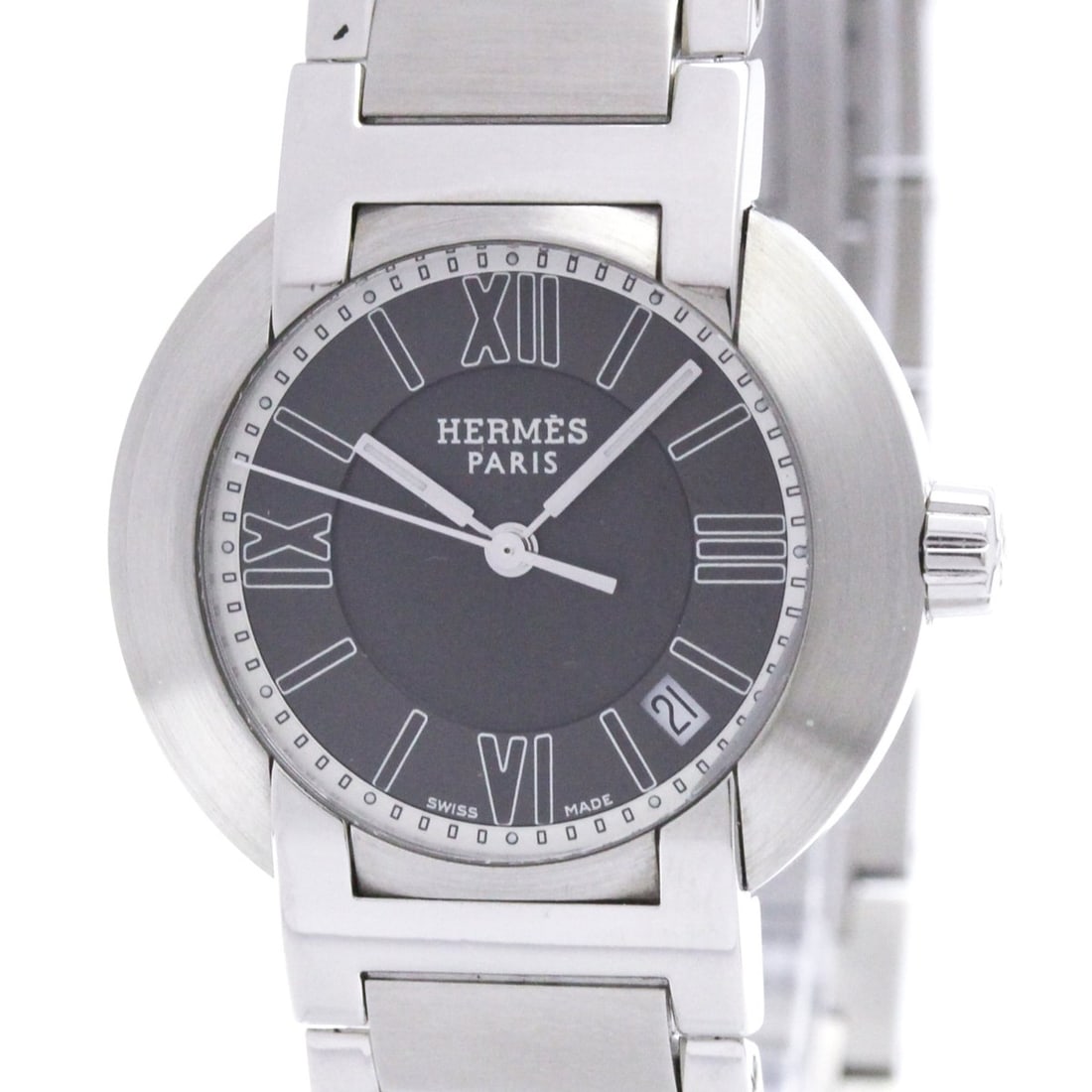 HERMES Nomade Steel Auto Quartz Ladies Watch NO1.210 Polished: --- Catalog ---Category: SizeCase Diameter: 28mm / 1.1''Category: DesignType: WristwatchStyle: Dress/FormalGender: WomenColor (Dial): GrayMaterial (Band): Stainless steelMaterial (Case): Stainless ste