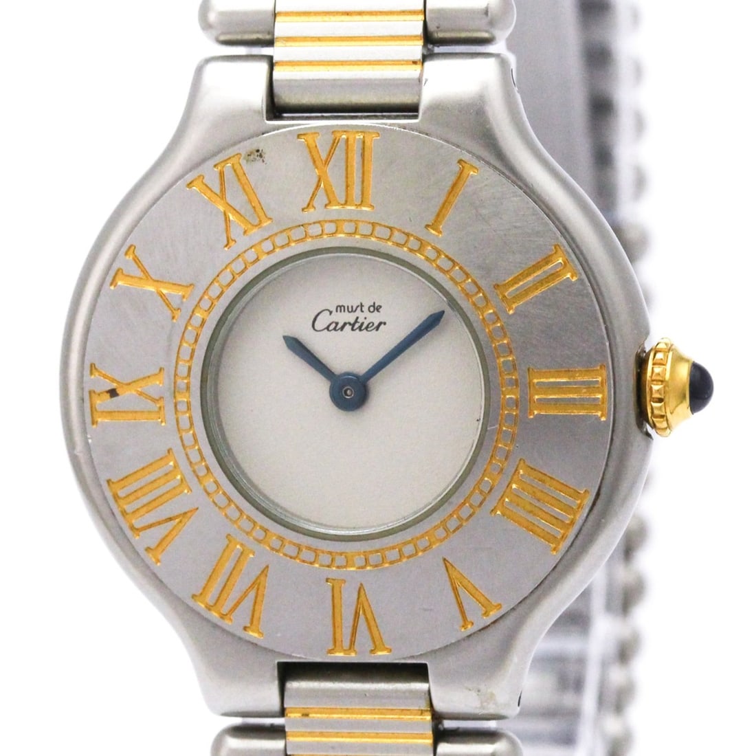 CARTIER Must 21 Gold Plated Steel Quartz Ladies Watch: --- Catalog ---Category: SizeCase Diameter: 28mm / 1.1''Category: DesignType: WristwatchStyle: Dress/FormalGender: WomenColor (Dial): SilverMaterial (Band): Gold plated, Stainless steelMaterial (Case)