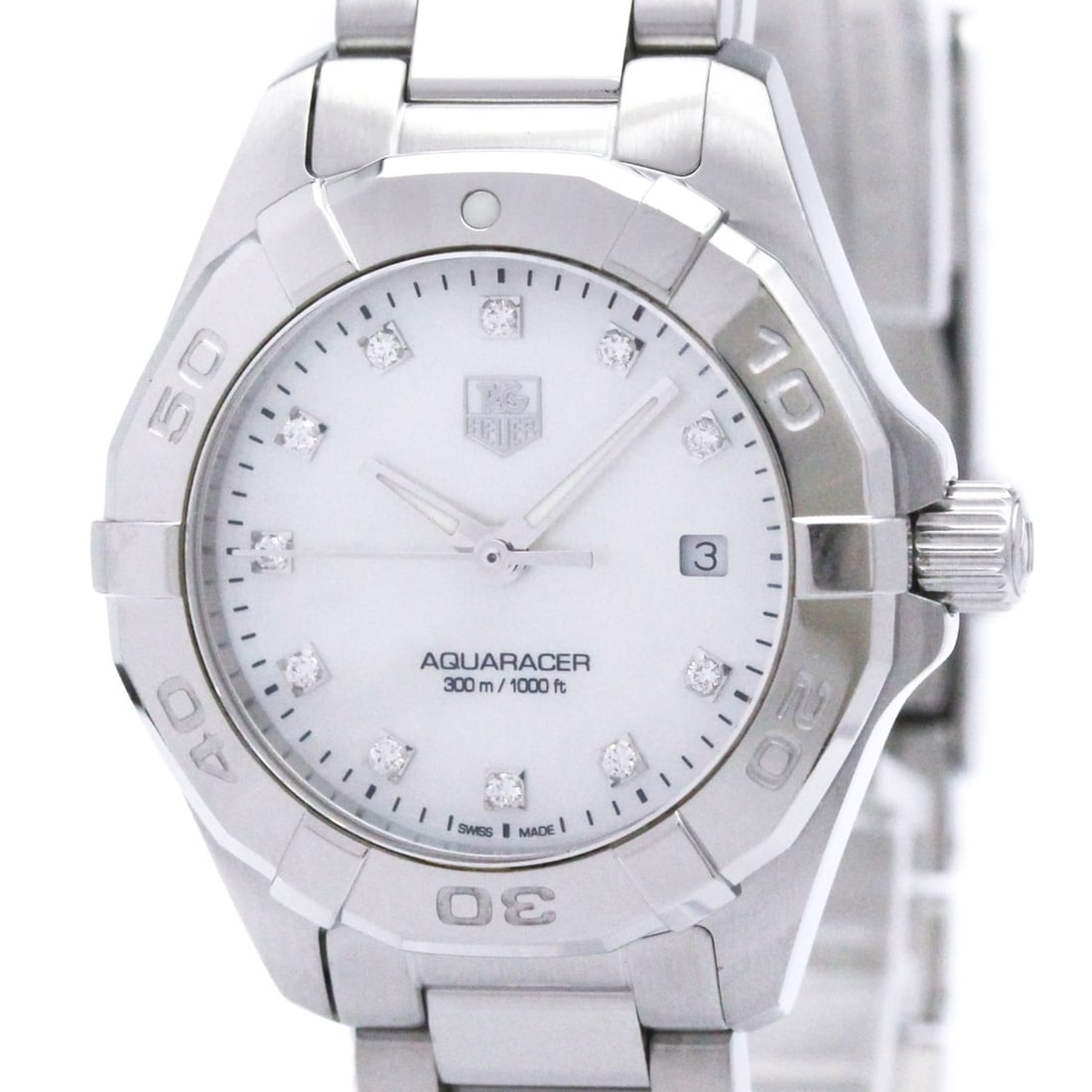 TAG HEUER Aquaracer Steel Quartz Ladies Watch WAY1413 Polished: --- Catalog ---Category: SizeCase Diameter: 28mm / 1.1''Category: DesignType: WristwatchStyle: SportGender: WomenColor (Dial): White shellMaterial (Band): Stainless steelMaterial (Case): Stainless ste