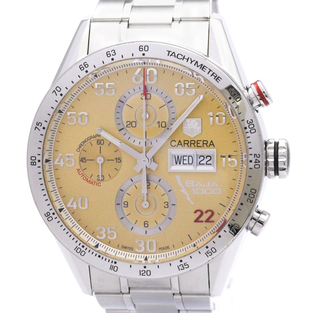 TAG Heuer Carrera Baja California Chronograph Watch CV2A1H Polished: --- Catalog ---Category: SizeCase Diameter: 43mm / 1.69''Category: DesignType: WristwatchStyle: SportGender: MenColor (Dial): Beige, GoldMaterial (Band): Stainless steelMaterial (Case): Stainless stee