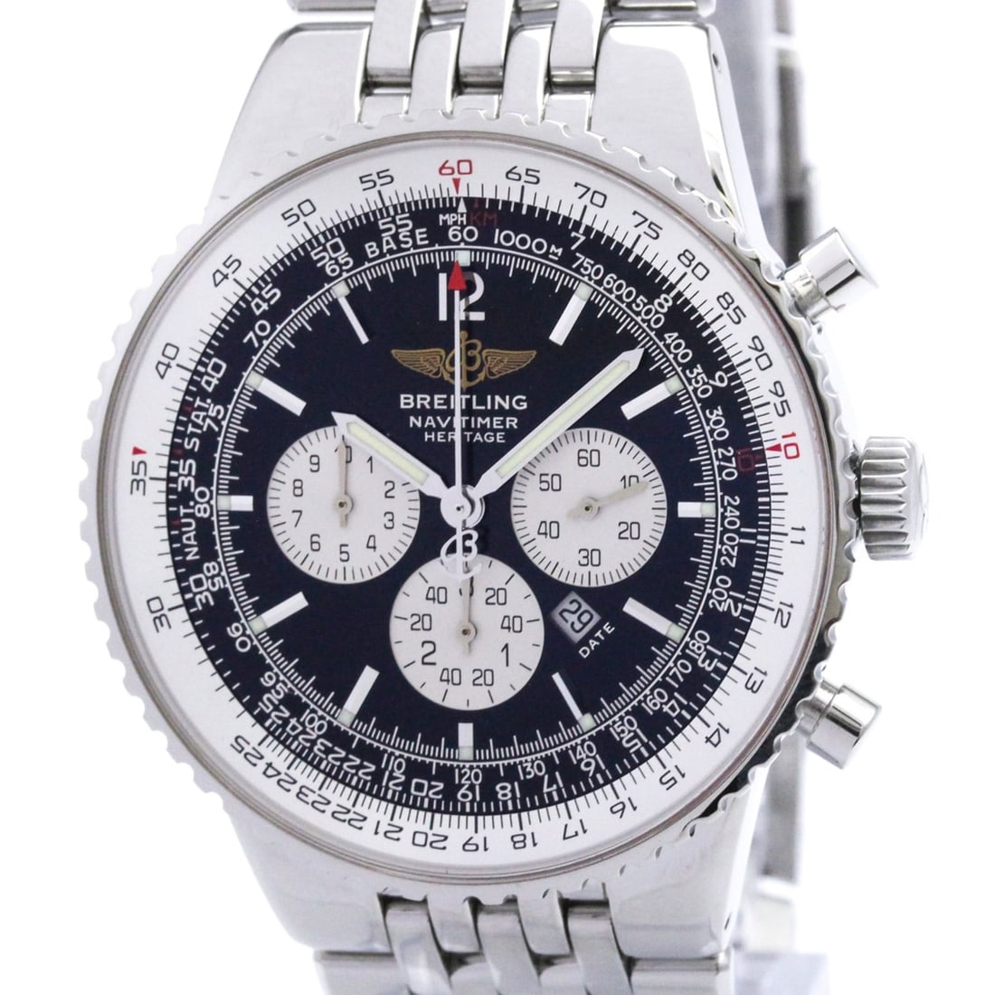 BREITLING Navitimer Heritage Steel Automatic Mens Watch A35340 Polished: --- Catalog ---Category: SizeCase Diameter: 43mm / 1.69''Category: DesignType: WristwatchStyle: SportGender: MenColor (Dial): BlackMaterial (Band): Stainless steelMaterial (Case): Stainless steelCateg