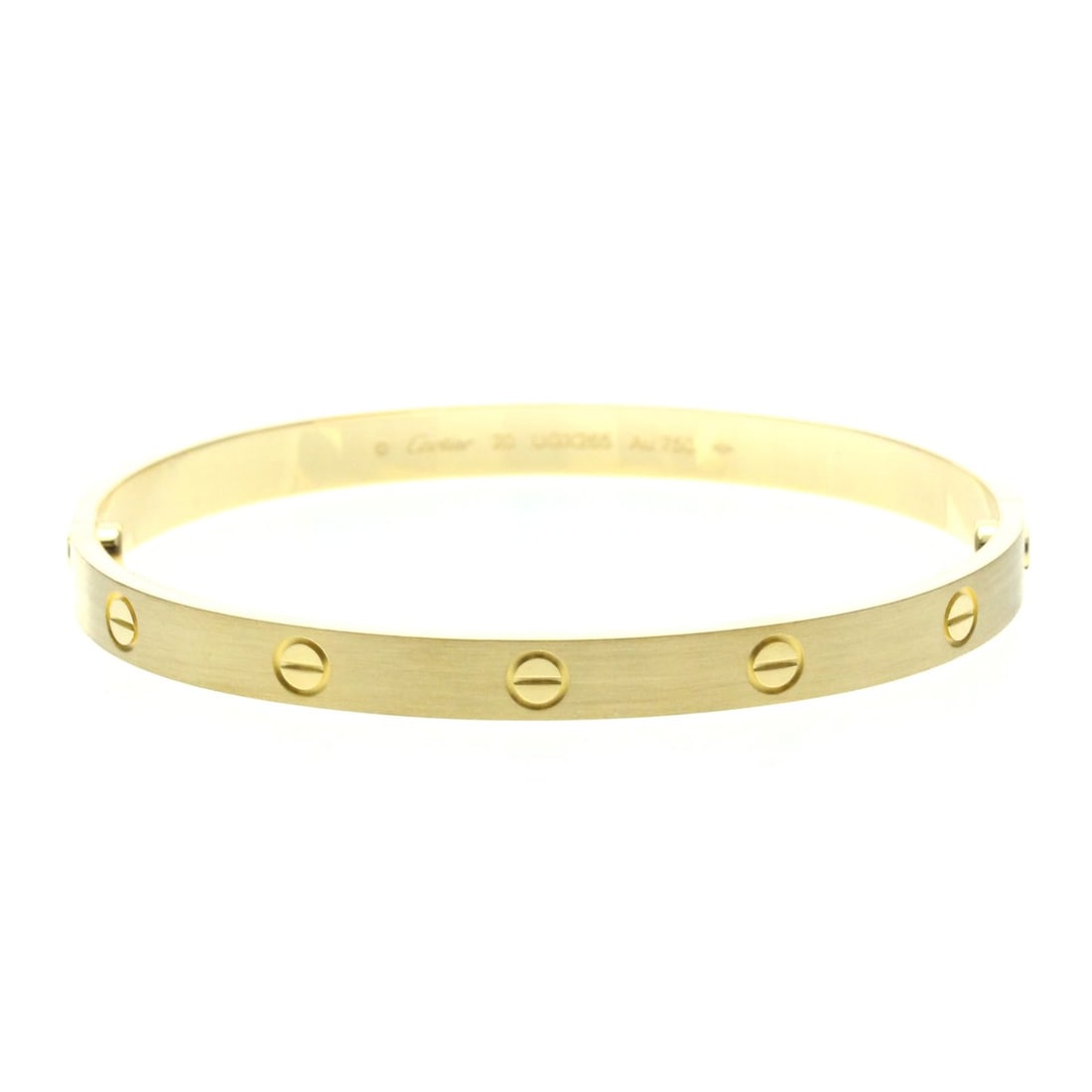 CARTIER Love Bracelet #20 Yellow Gold (18K): --- Catalog ---Category: SizeSize: 20Length: 6cm / 2.36''Weight: 37.8g / 1.33oz.Category: DesignType: Charm braceletColor: GoldMetal: GoldStone: No StoneStyle: FashionGender: Men,WomenMaterial: Yellow