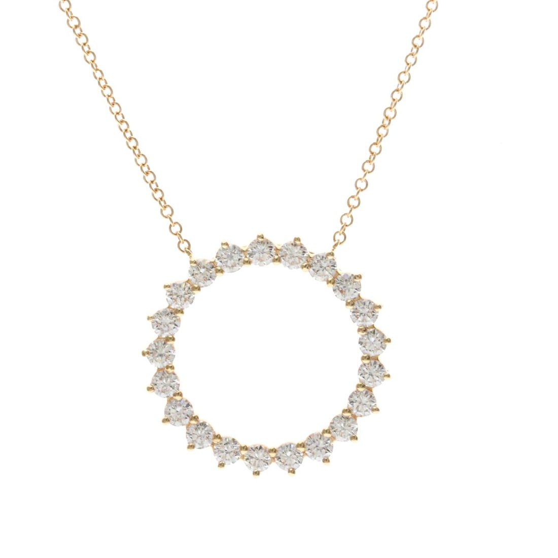 TIFFANY Open Circle Diamond Necklace Large Size 18K Pink Gold Polished: --- Catalog ---Category: SizeWeight: 3.1g / 0.1oz.Pendant Size: 20mm x 20mm / 0.78'' x 0.78''Neck Circumference: 40 cm / 15.74''Category: DesignColor: Pink goldMetal: GoldStone: DiamondStyle: FashionG