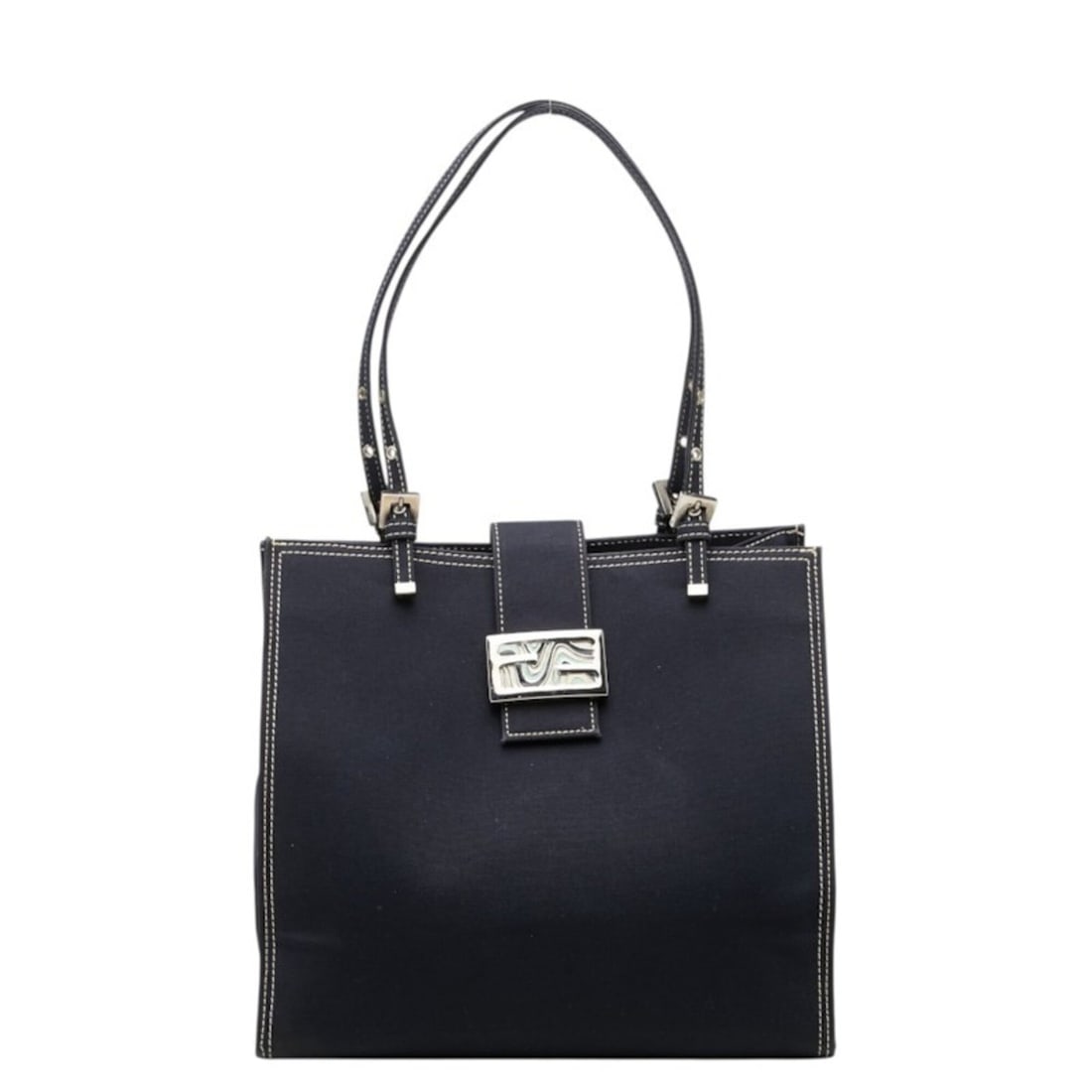 Fendi FF Logo Buckle Tote Bag Shoulder Navy Canvas Women's FENDI: --- Catalog ---Category: SizeSize (HxWxD): 25cm x 29cm x 11.5cm / 9.84'' x 11.41'' x 4.52''Category: DesignType: Shoulder bag, Tote bagColor: NavyGender: WomenMaterial: Canvas Category: GeneralBrand: 