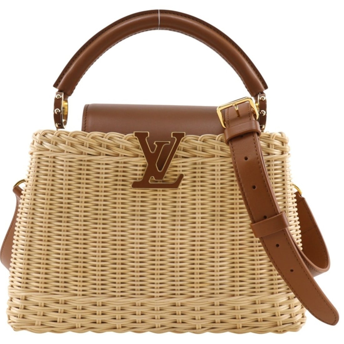 Louis Vuitton Capucines BB Handbag M11617, Rattan x Calfskin, Tan Brown, 2-way, Flap, Women's.: --- Catalog ---Category: SizeWeight: 1.03kg / 2.27lb.Strap Drop: 54cm / 21.25''Handle Drop: 7.00cm / 2.76''Size (HxWxD): 18cm x 27cm x 15cm / 7.08'' x 10.62'' x 5.9''Category: DesignType: HandbagColor