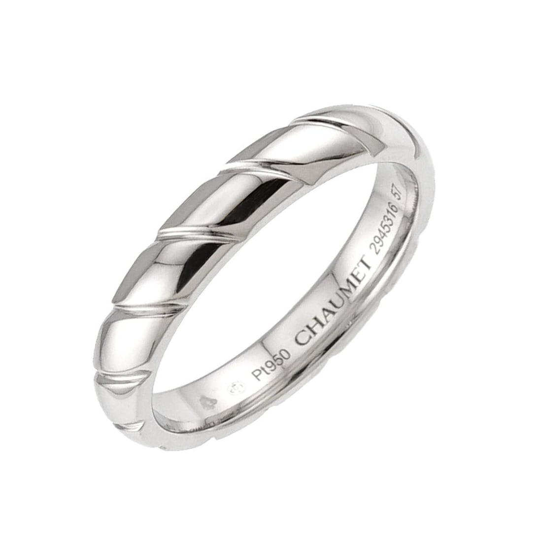 Chaumet Torsade Ring #57, Platinum.: --- Catalog ---Category: SizeWidth: 3.6mm / 0.14''Weight: 7.5g / 0.26oz.US Size: 8.5Brand Size: 57Category: DesignType: Band ringColor: PlatinumMetal: PlatinumGender: WomenMaterial: Platinum 950Metal 