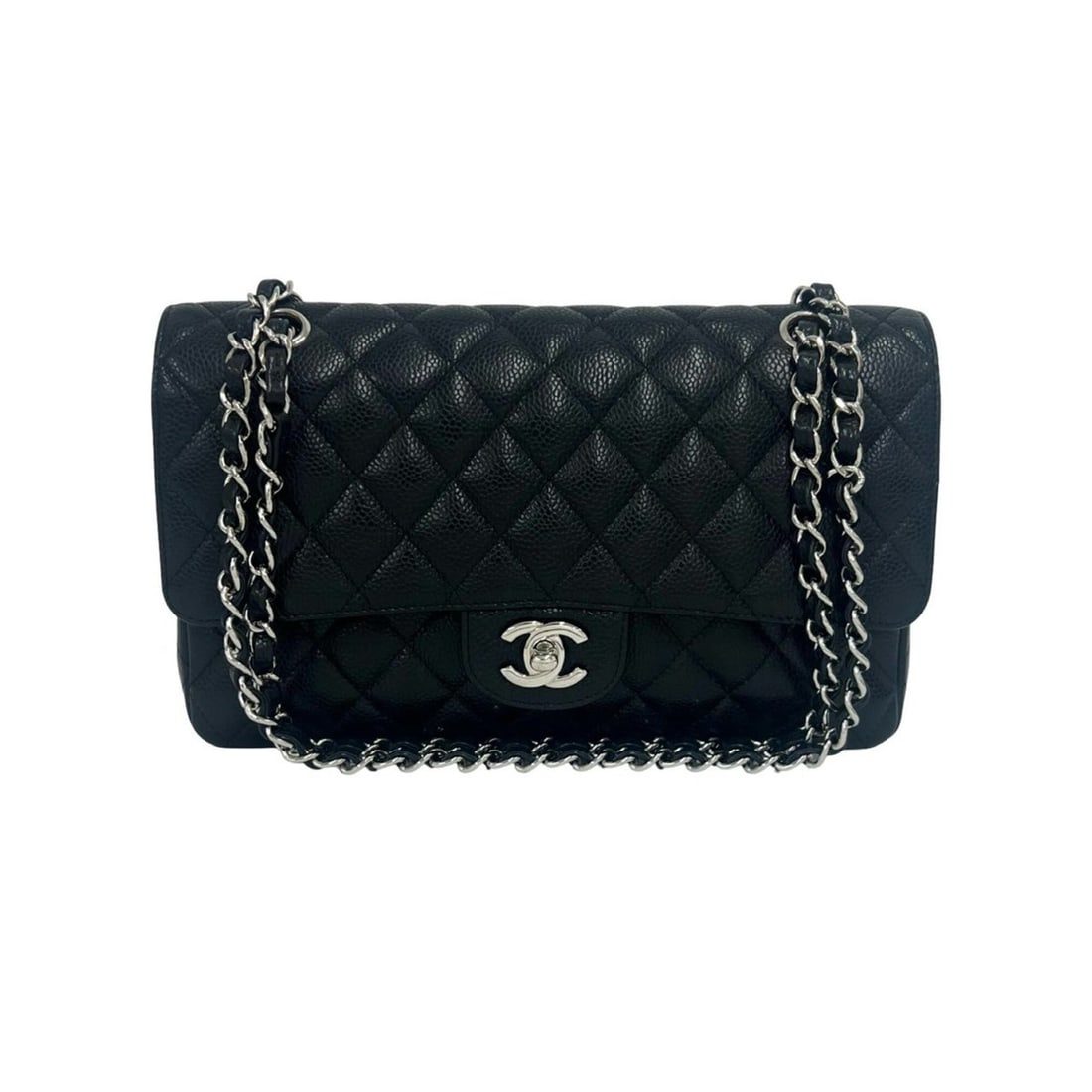 CHANEL Matelassé Coco Mark Double Flap Caviar Skin 2-Way Shoulder Bag Black 270-3 (1 of 17)