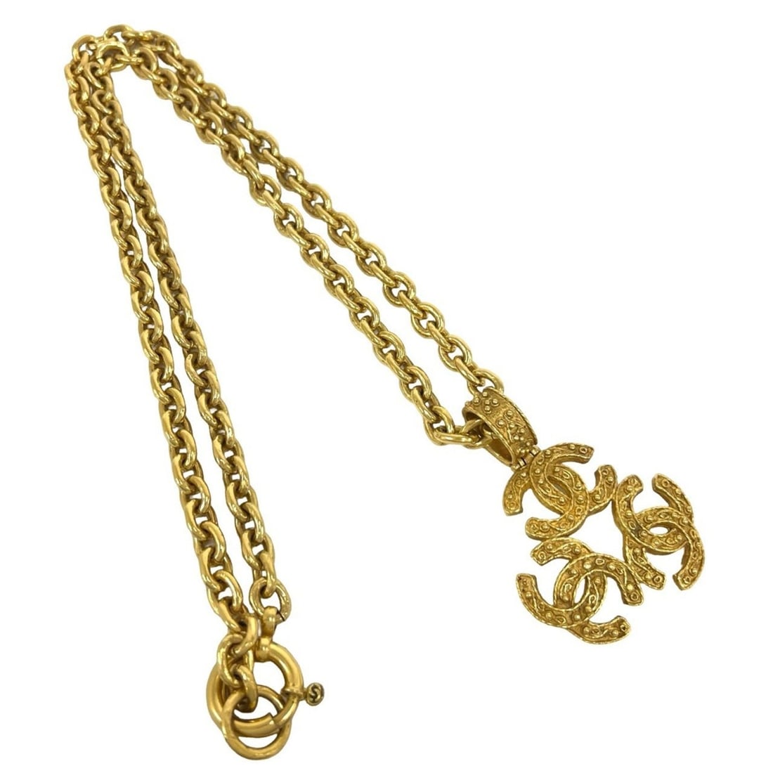 CHANEL Vintage Triple Coco Motif Necklace GP Pendant Accessory Gold 66946: --- Catalog ---Category: SizePendant Size: 46mm x 50mm / 1.81'' x 1.96''Neck Circumference: 91.8 cm / 36.14''Category: DesignColor: GoldGender: WomenMaterial: Gold platingPendant Type: PendantNecklace