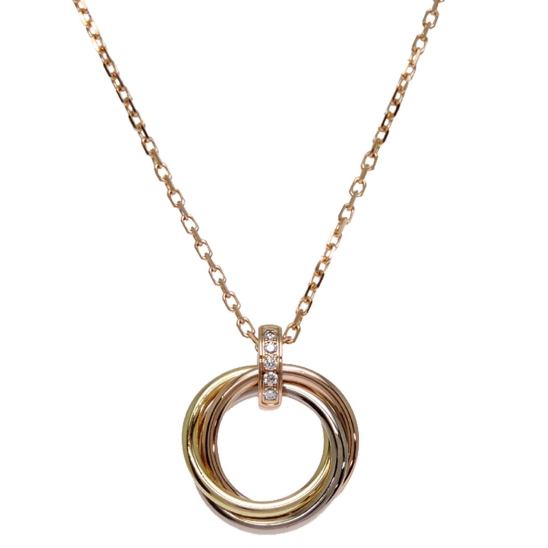 Cartier Diamond Trinity Women's Necklace B7058700 750 Yellow Gold: --- Catalog ---Category: SizePendant Size: 22.8mm x 18.4mm / 0.89'' x 0.72''Neck Circumference: 41 cm / 16.14''Category: DesignStone: DiamondGender: WomenMaterial: Pink gold (18K), White gold (18K), Y