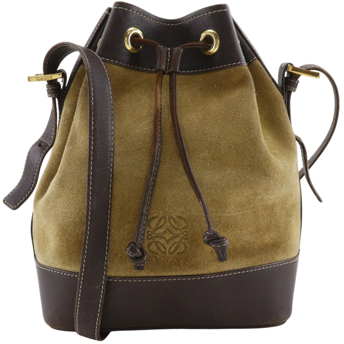 LOEWE Anagram Shoulder Bag, Drawstring, Suede x Leather, Beige, Women's: --- Catalog ---Category: SizeWeight: 400g / 14.1oz.Strap Drop: 41cm / 16.14''Size (HxWxD): 25cm x 20cm x 12cm / 9.84'' x 7.87'' x 4.72''Category: DesignType: Shoulder bagColor: BeigeGender: WomenMater
