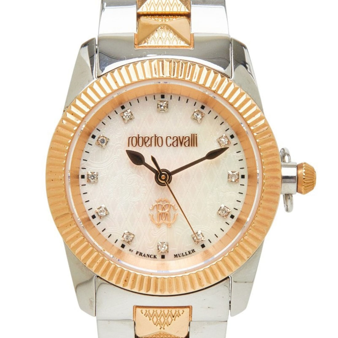 Roberto Cavalli x Franck Muller watch, mother-of-pearl dial, RV2L036M0111, quartz, white stainless: --- Catalog ---Category: SizeWrist Size: 17.5cm / 6.88''Case Diameter: 28mm / 1.1''Category: DesignType: WristwatchGender: WomenColor (Dial): WhiteMaterial (Band): Pink gold, Stainless steelMaterial (