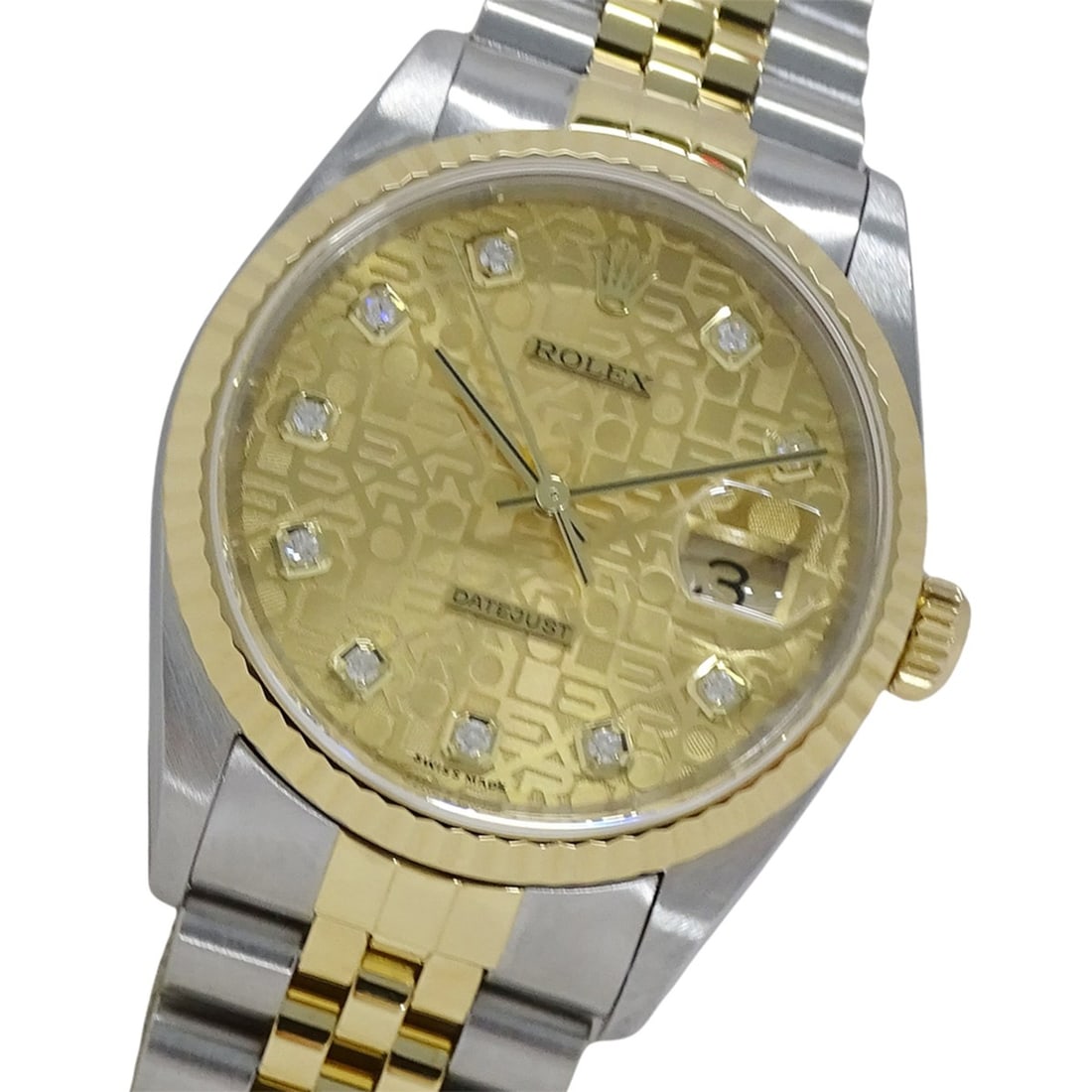 Rolex Datejust 16233G (Y-serial number) Men's Watch, Brand Name, 10P Diamonds, Computerized: --- Catalog ---Category: SizeWrist Size: 19.5cm / 7.67''Case Diameter: 36mm / 1.42''Category: DesignType: WristwatchGender: MenMaterial (Band): Stainless steel, Yellow goldMaterial (Case): Stainless s