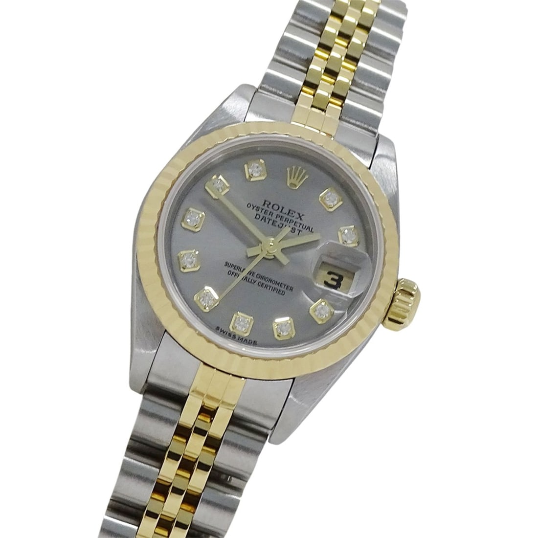 Rolex Datejust 79173G F-serial, Ladies' Watch, Brand Name, 10P Diamonds, Automatic Movement,: --- Catalog ---Category: SizeWrist Size: 17cm / 6.69''Case Diameter: 26mm / 1.02''Category: DesignType: WristwatchGender: WomenColor (Dial): GrayMaterial (Band): Stainless steel, Yellow goldMaterial (
