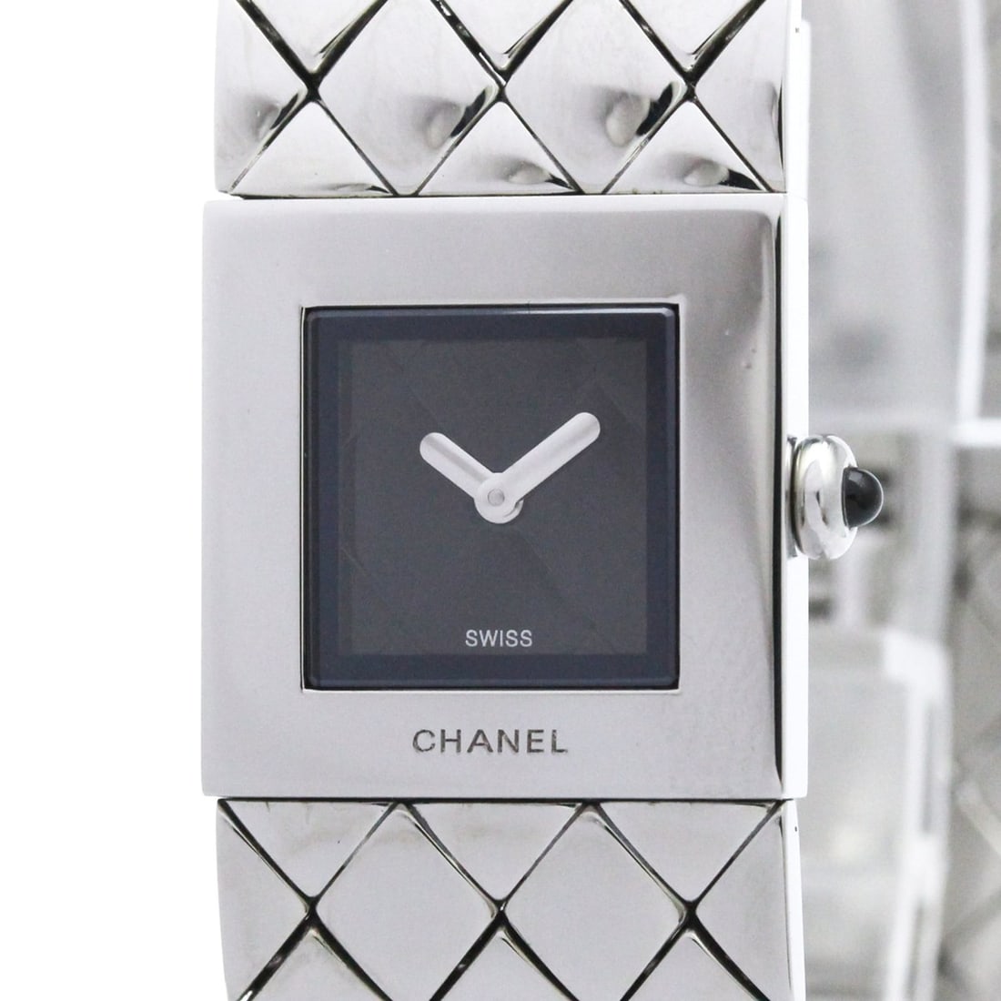 CHANEL Matelasse Stainless Steel Quartz Ladies Watch H0009 Polished: --- Catalog ---Category: SizeCase Diameter: 19mm / 0.75''Category: DesignType: WristwatchStyle: Dress/FormalGender: WomenColor (Dial): BlackMaterial (Band): Stainless steelMaterial (Case): Stainless s