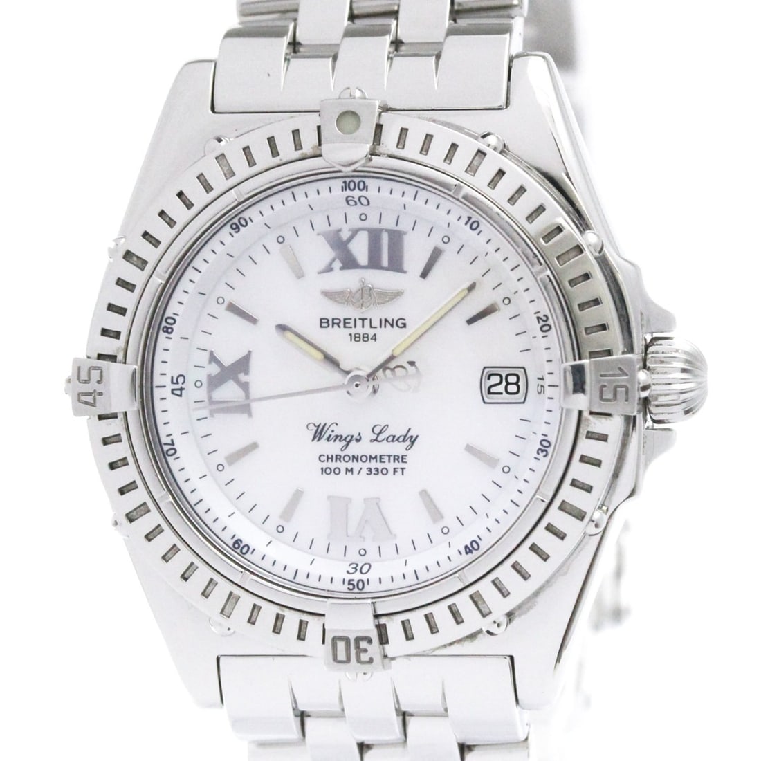 BREITLING Wing Lady MOP Dial Steel Quartz Ladies Watch A67350 Polished: --- Catalog ---Category: SizeCase Diameter: 31mm / 1.22''Category: DesignType: WristwatchStyle: SportGender: WomenColor (Dial): White shellMaterial (Band): Stainless steelMaterial (Case): Stainless st