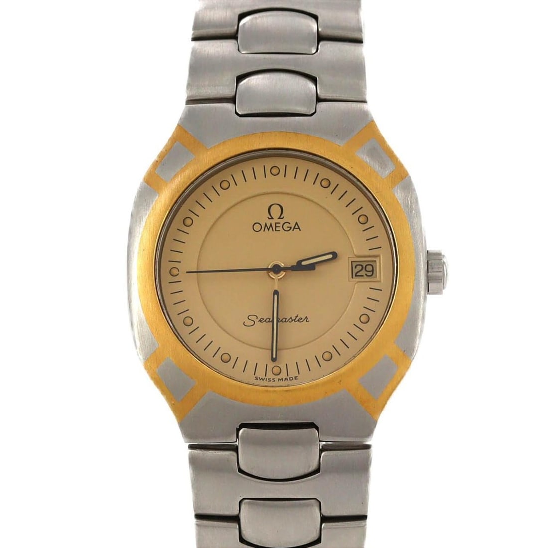 Omega Seamaster Polaris Two-Tone Stainless Steel x Yellow Gold Quartz Watch: --- Catalog ---Category: SizeWrist Size: 16.5cm / 6.49''Case Diameter: 31.5mm / 1.24''Category: DesignType: WristwatchGender: MenColor (Dial): GoldMaterial (Band): Stainless steelMaterial (Case): Stai