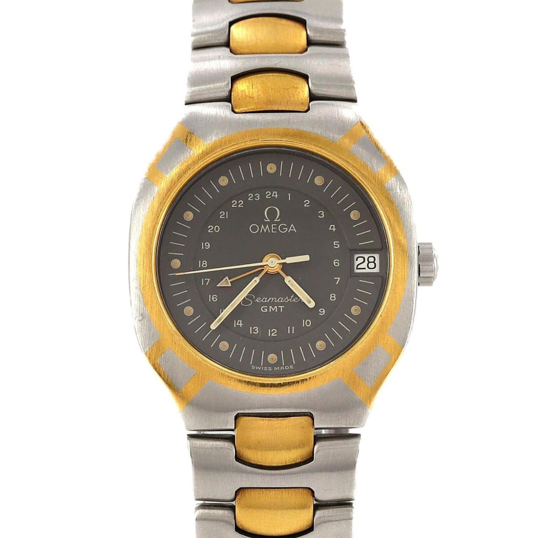 Omega Seamaster Polaris GMT Two-Tone Stainless Steel x Yellow Gold Quartz Watch: --- Catalog ---Category: SizeWrist Size: 16.5cm / 6.49''Case Diameter: 31.5mm / 1.24''Category: DesignType: WristwatchGender: MenColor (Dial): GrayMaterial (Band): Stainless steel, Yellow goldMaterial