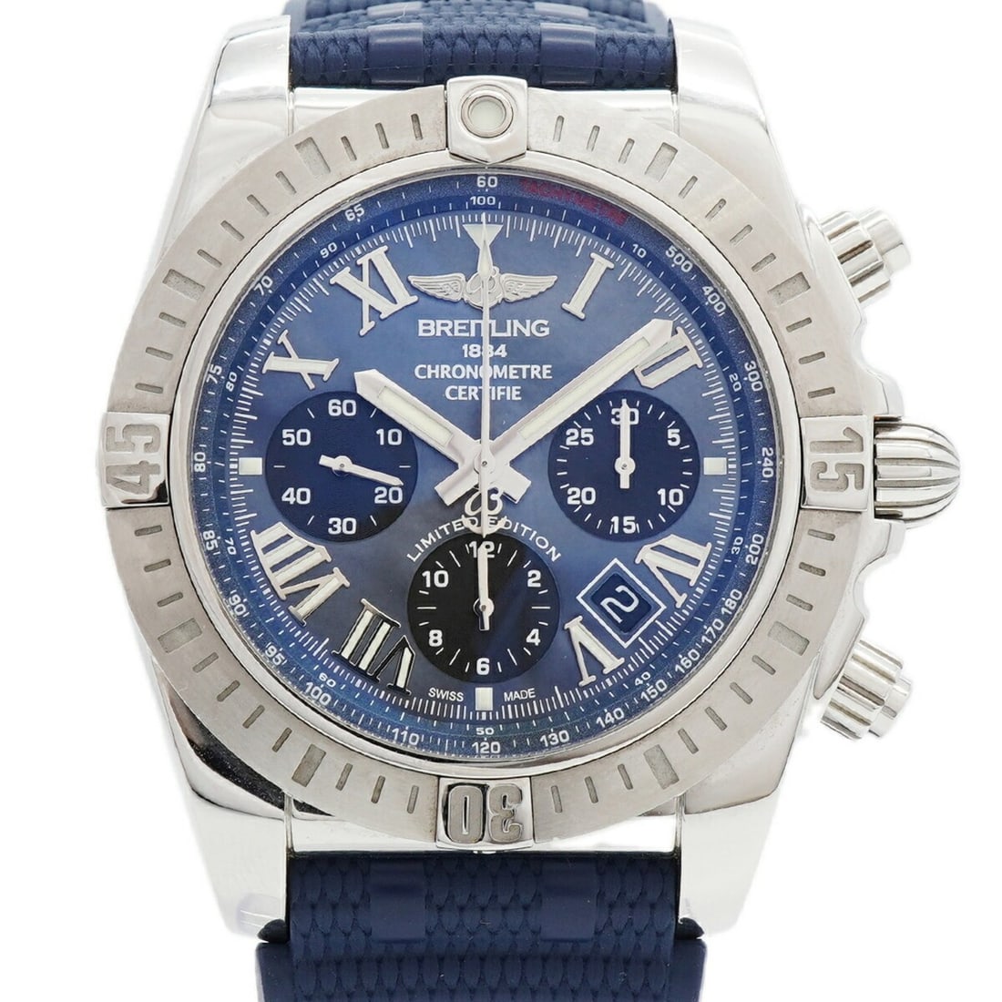 Breitling Chronomat 44 JSP AB0115 Blue Dial Men's Watch: --- Catalog ---Category: SizeWrist Size: 21cm / 8.26''Case Diameter: 43.2mm / 1.7''Category: DesignType: WristwatchGender: MenColor (Dial): BlueMaterial (Band): RubberCategory: GeneralMPN: AB0115Brand
