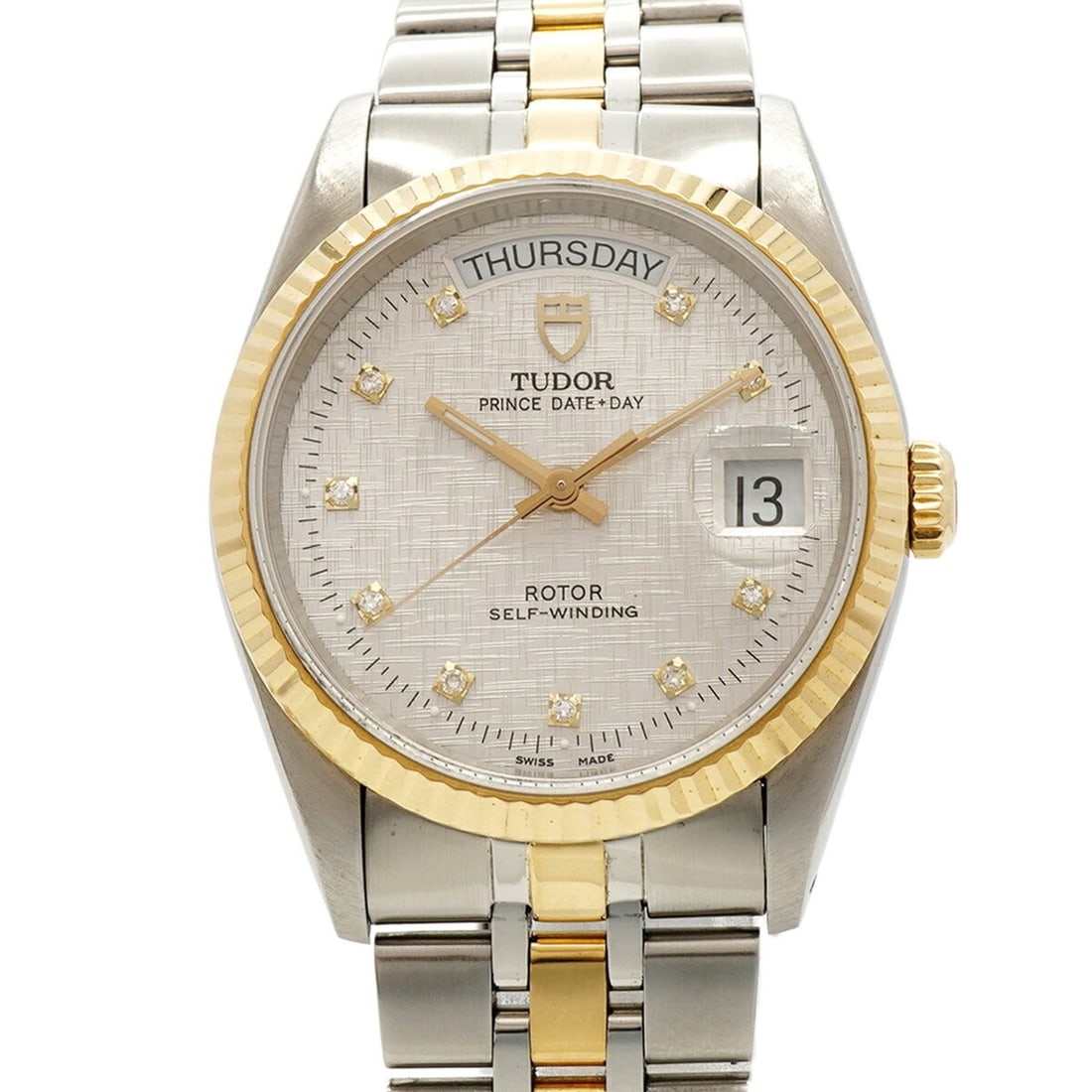 Tudor Prince Date-Day 10-Diamond 76213 Silver Dial Men's Watch: --- Catalog ---Category: SizeWrist Size: 17cm / 6.69''Case Diameter: 35.5mm / 1.4''Category: DesignType: WristwatchGender: MenColor (Dial): SilverMaterial (Band): Stainless steel, Yellow goldCategory: