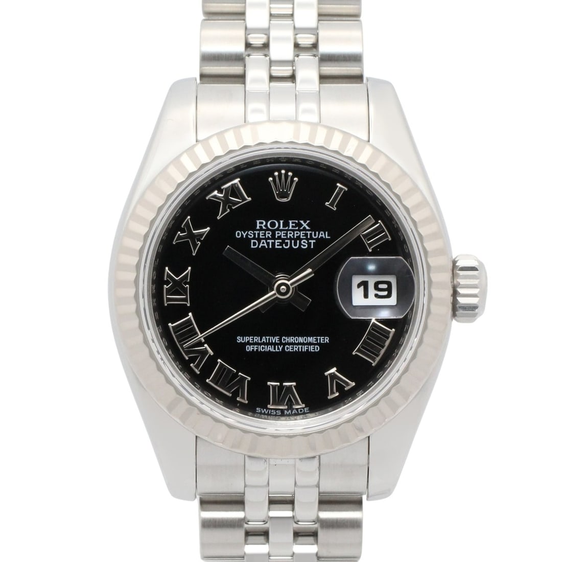 Rolex Datejust Random Serial Number Watch, Stainless Steel, Ladies, Black, Roman Numerals, 179174: --- Catalog ---Category: SizeWrist Size: 16cm / 6.29''Case Diameter: 26mm / 1.02''Category: DesignType: WristwatchGender: WomenColor (Dial): BlackMaterial (Band): Stainless steelMaterial (Case): Stain