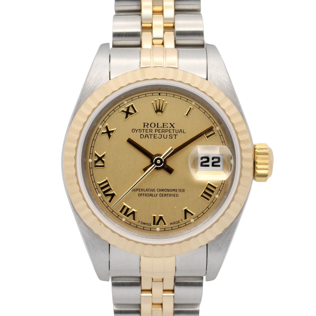 Rolex Datejust Y-serial watch, 18K (yellow gold) stainless steel, ladies', gold-tone champagne: --- Catalog ---Category: SizeWrist Size: 14.5cm / 5.7''Case Diameter: 26mm / 1.02''Category: DesignType: WristwatchGender: WomenColor (Dial): Champagne, GoldMaterial (Band): Stainless steel, Yellow go