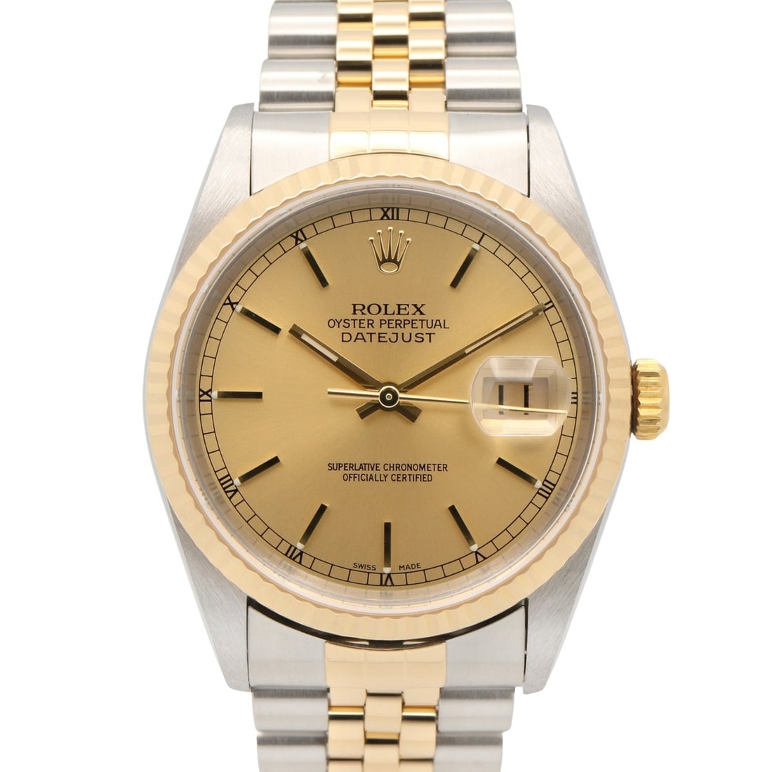 Rolex Datejust Y-serial watch, 18K (yellow gold) stainless steel, men's, gold-tone, champagne bar: --- Catalog ---Category: SizeWrist Size: 15.5cm / 6.1''Case Diameter: 36mm / 1.42''Category: DesignType: WristwatchGender: MenColor (Dial): Champagne, GoldMaterial (Band): Stainless steel, Yellow gold